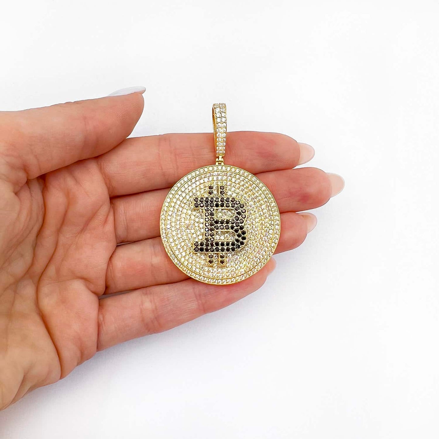 14K Yellow Gold CZ Black Pave Iced Bitcoin Pendant 2.1"
