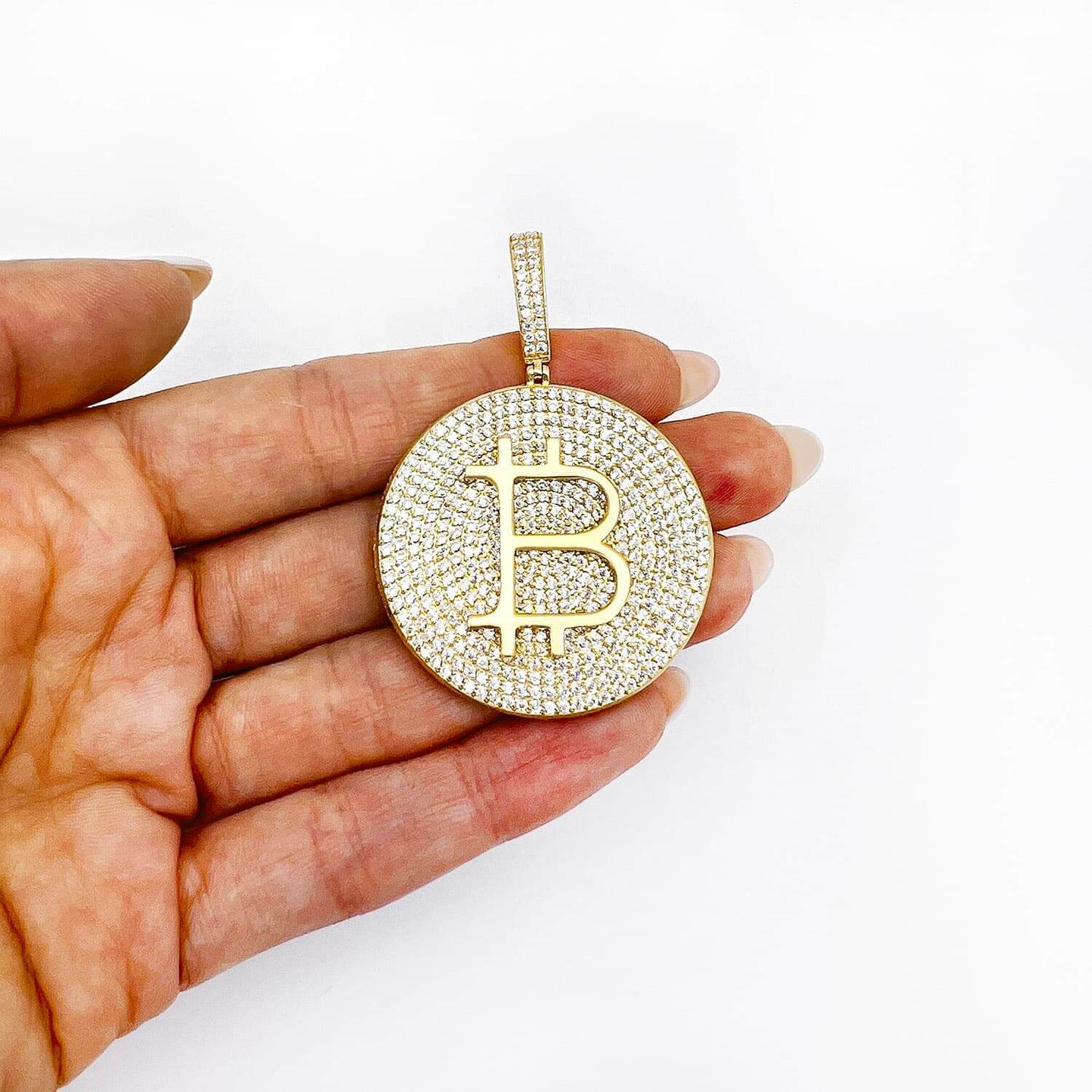 14K Yellow Gold CZ Pave Iced Bitcoin Pendant 2.2"