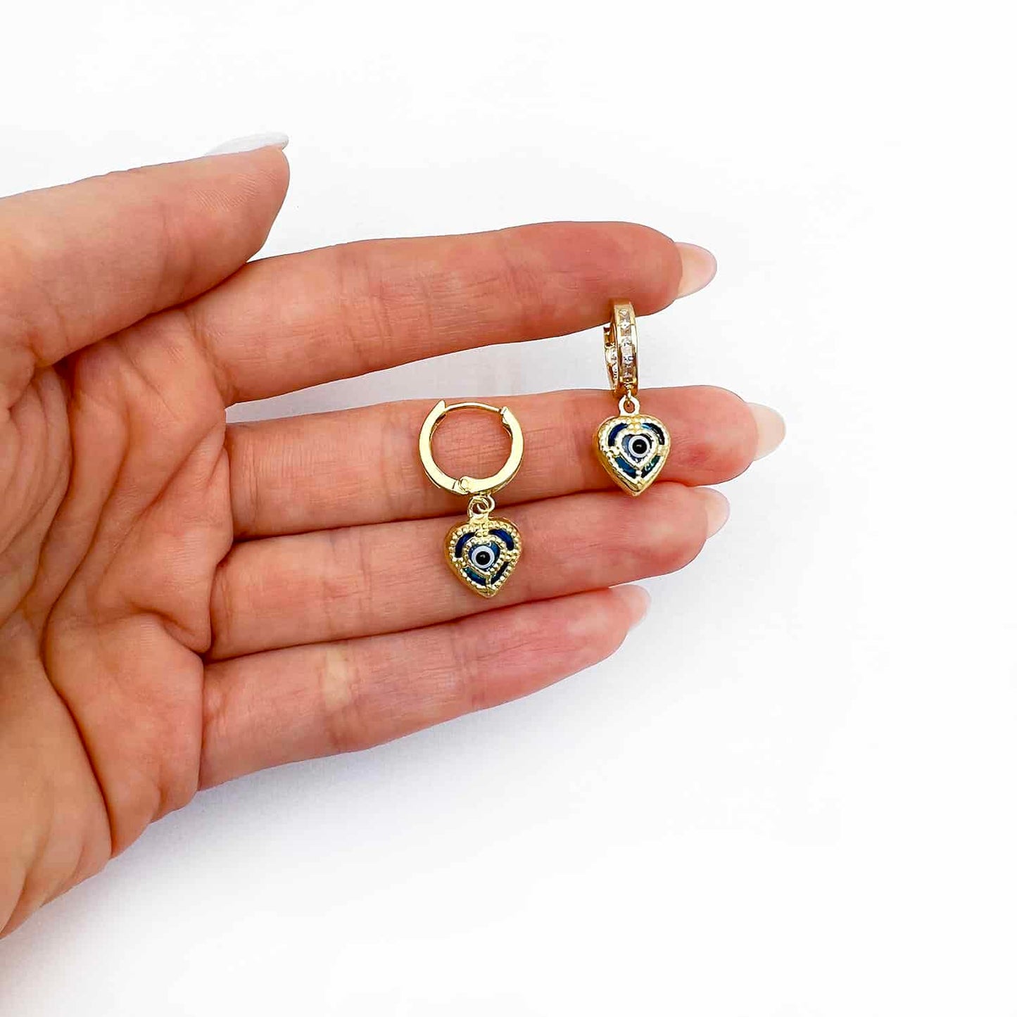 14K Gold Evil Eye Heart CZ Huggie Hoops Earrings 25mm