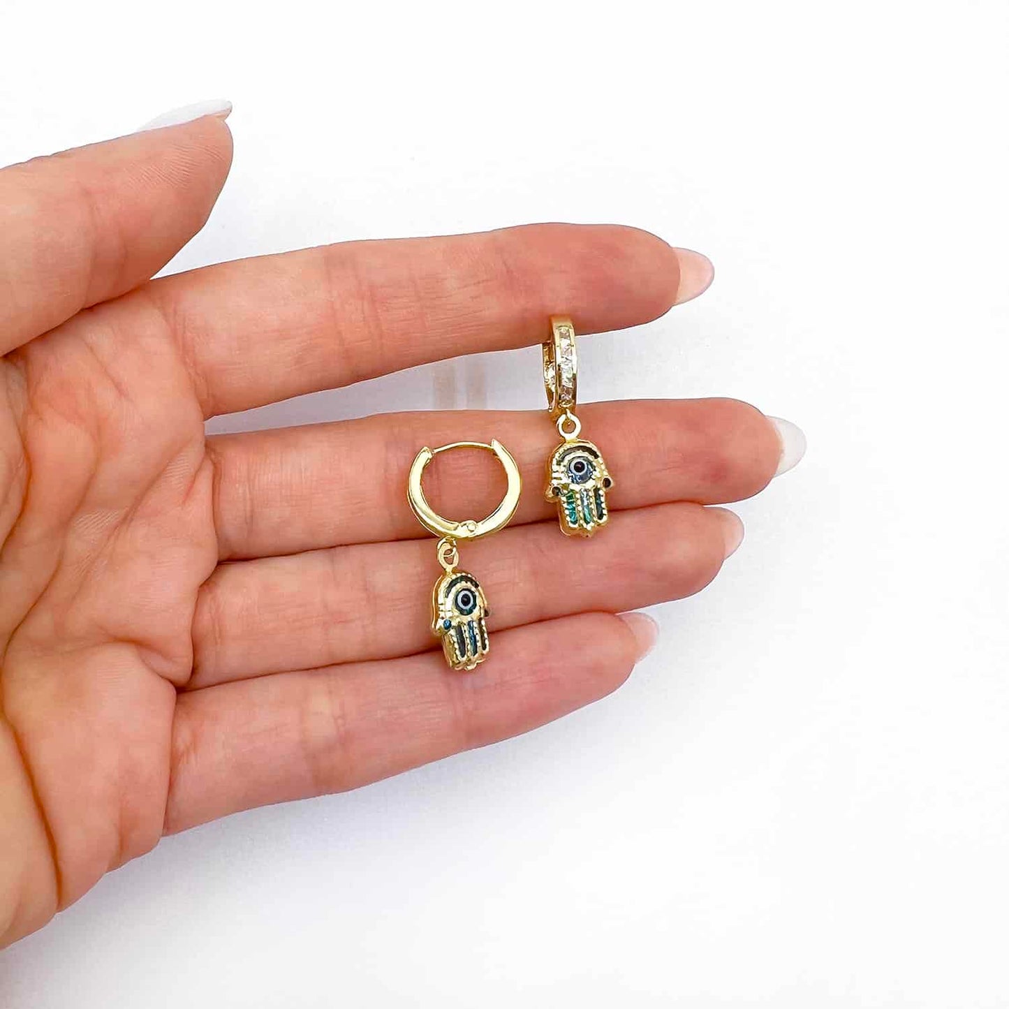 14K Gold Evil Eye Hamsa CZ Huggie Hoop Earrings 27mm