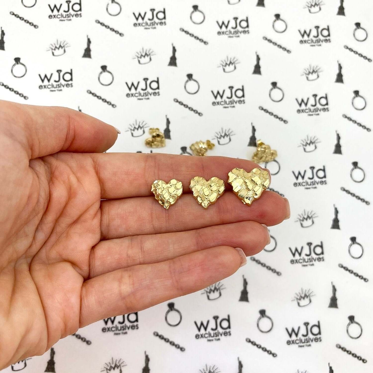 10K Yellow Gold Heart Nugget Stud Earrings 11mm 12mm 17mm