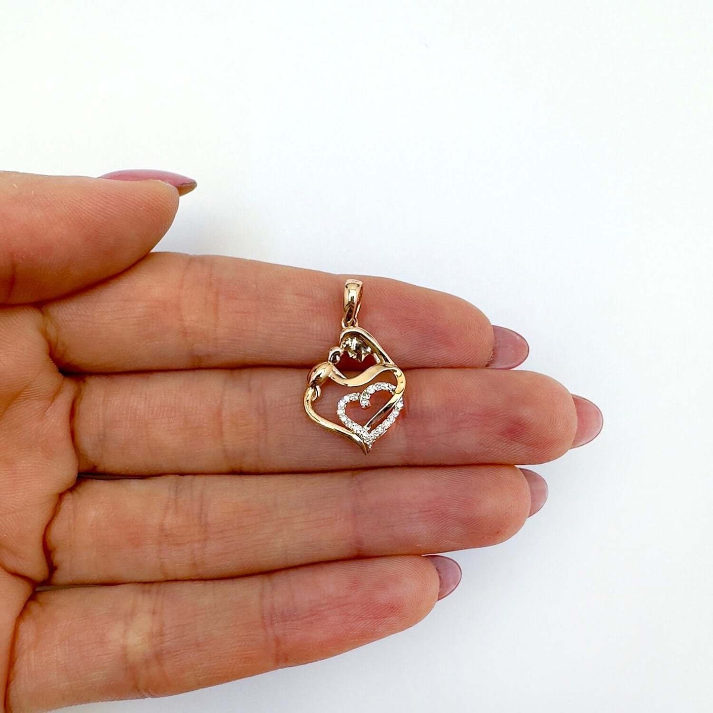 0.10CTW Real Diamond 10k Gold Yellow White Rose Child Mother Heart Pendant