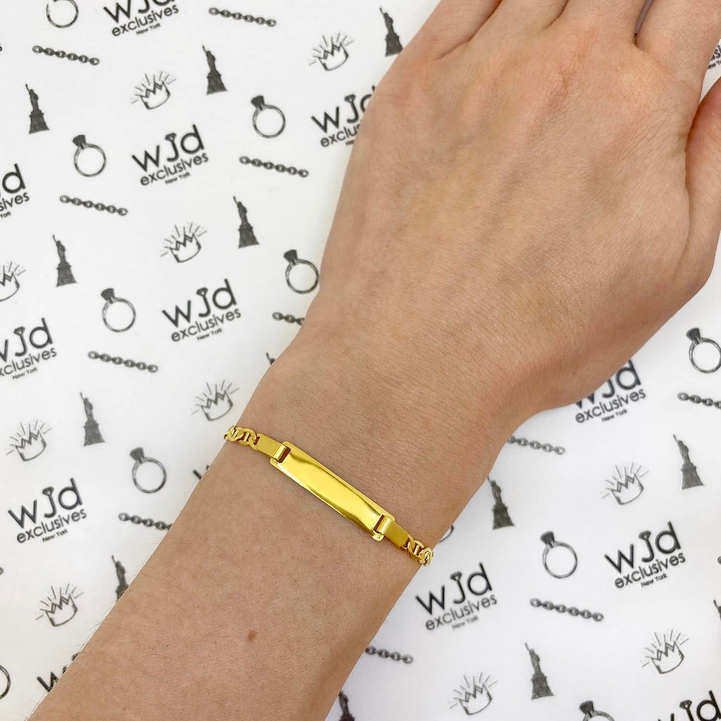 Kids 14K Yellow Gold Over Sterling Silver 3.5mm Anchor Mariner Engravable ID Bar Bracelet (Solid Links) 6"