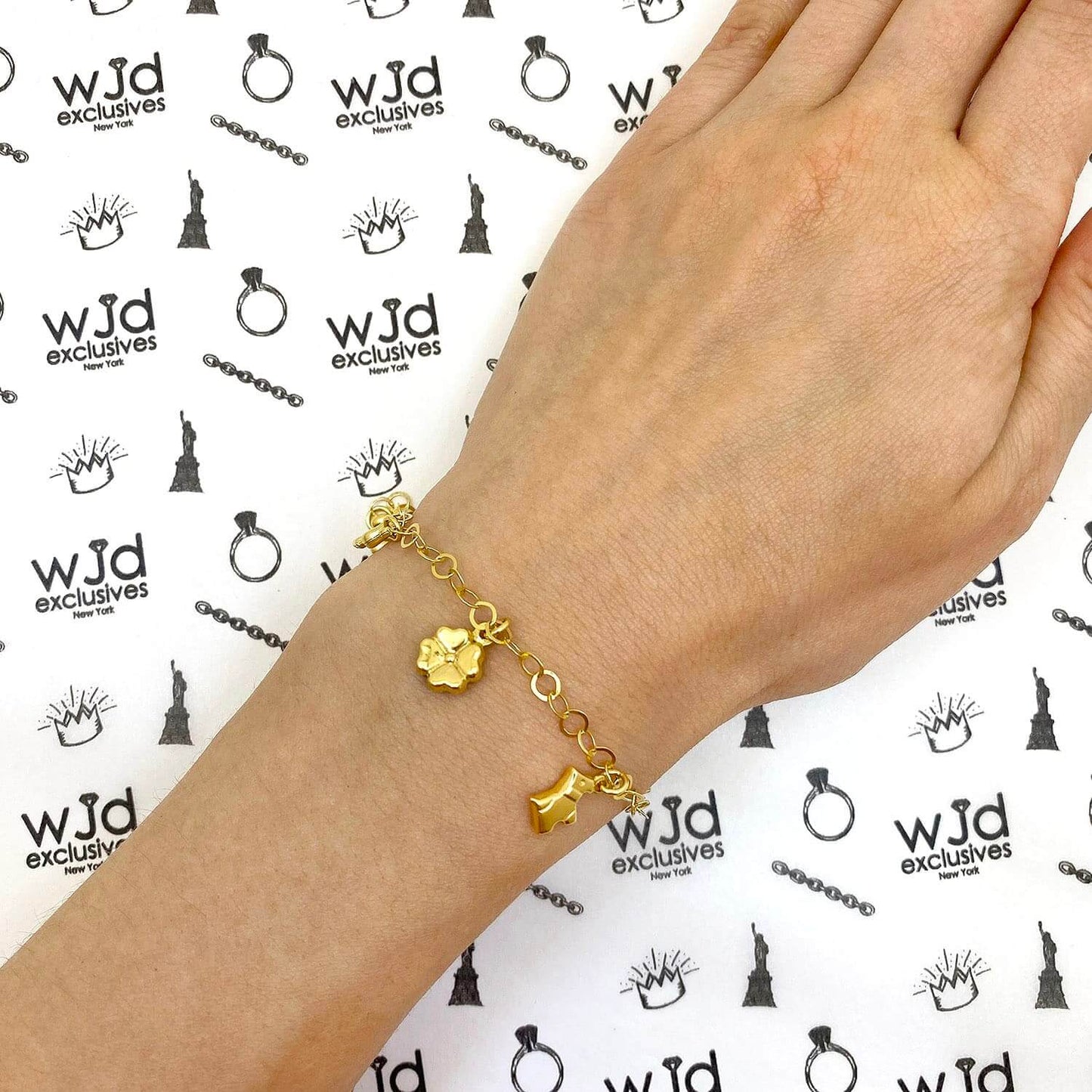 Kids Yellow Gold Over Sterling Silver Cable Butterfly Key Dog Clover Leaf Rattle Bracelet (Solid Links) 6"