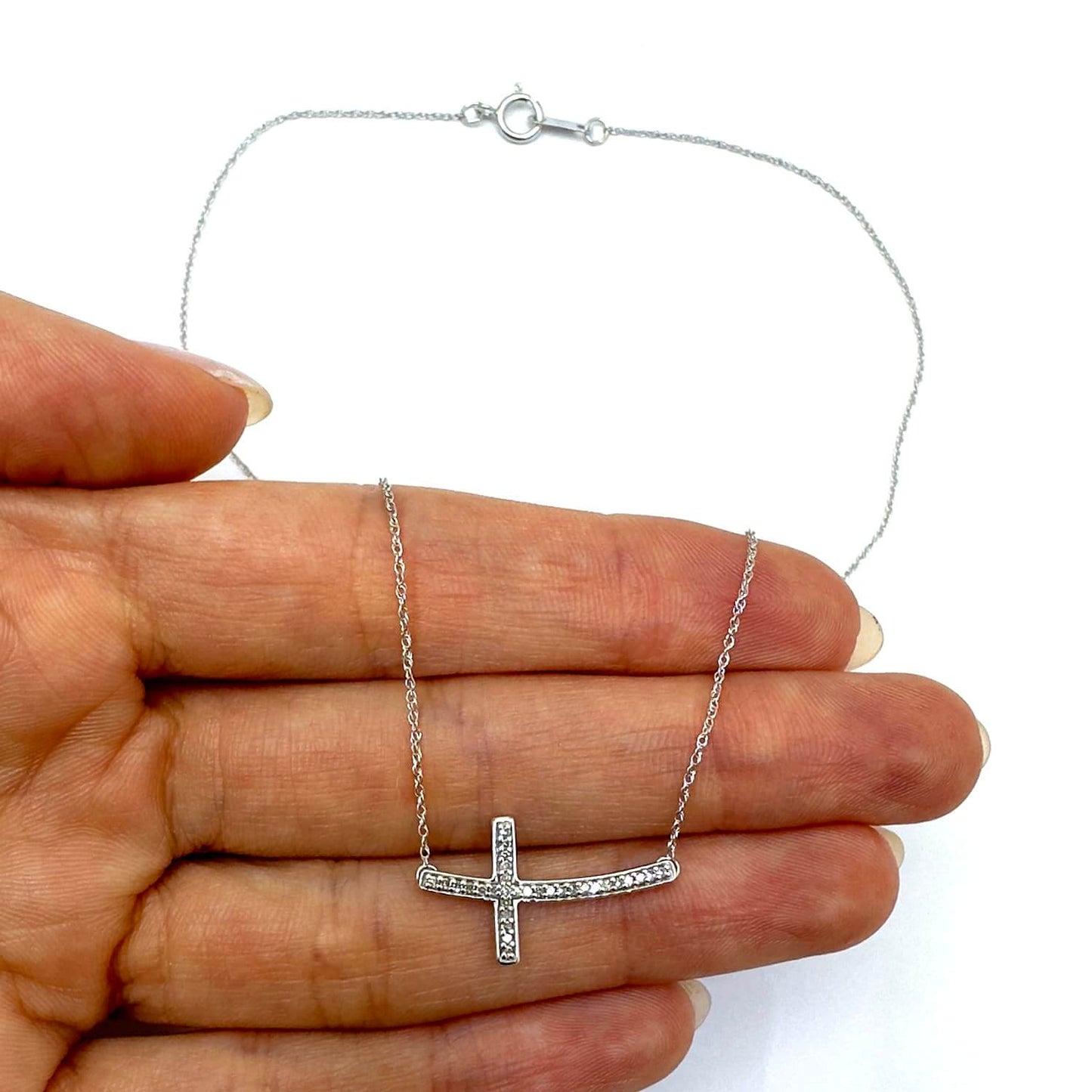 Real Diamond 10K Gold Yellow White Curved Sideways Cross Pendant Necklace 18"