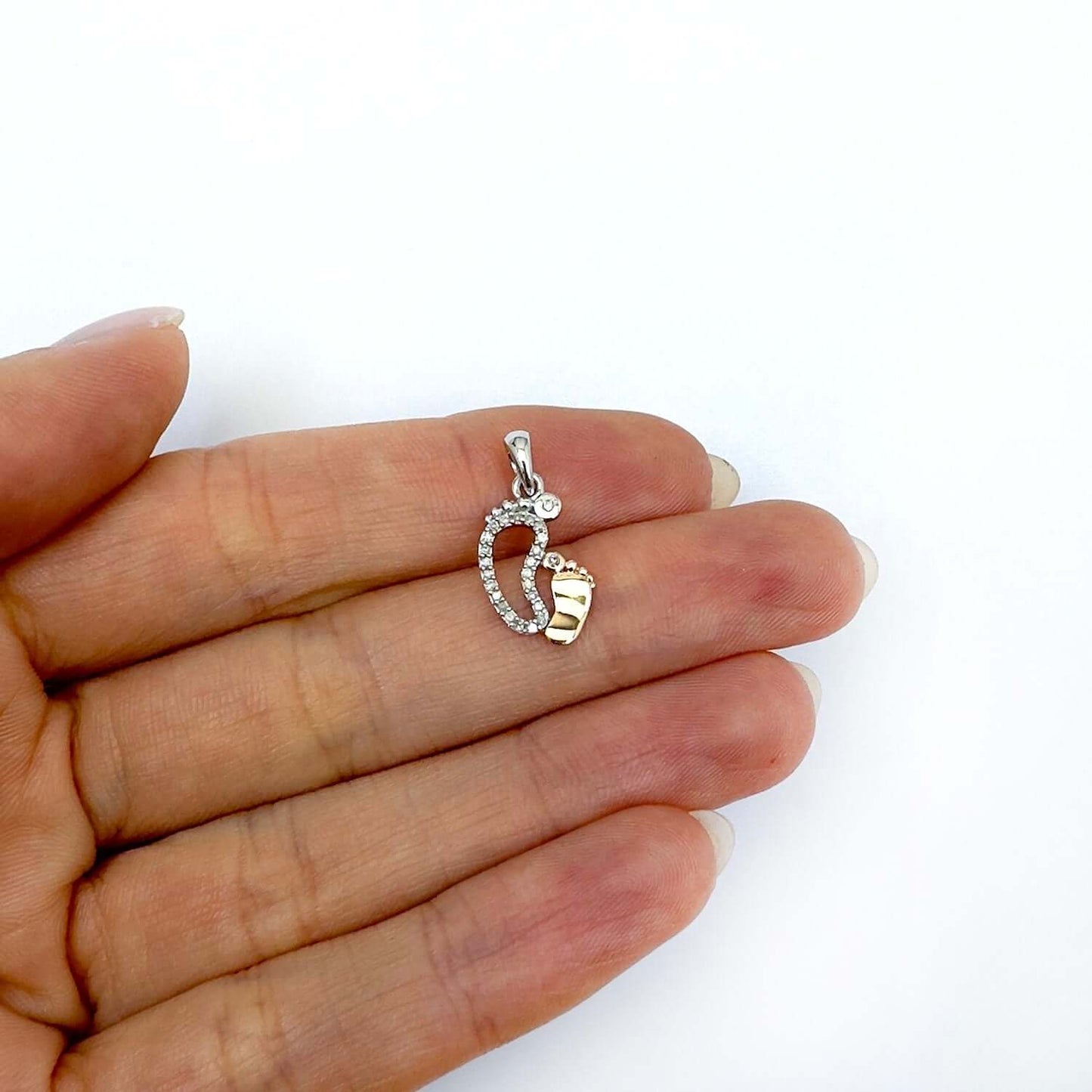 .08CTW Real Diamond 10K Gold White Yellow Rose Mother Child Footprint Pendant