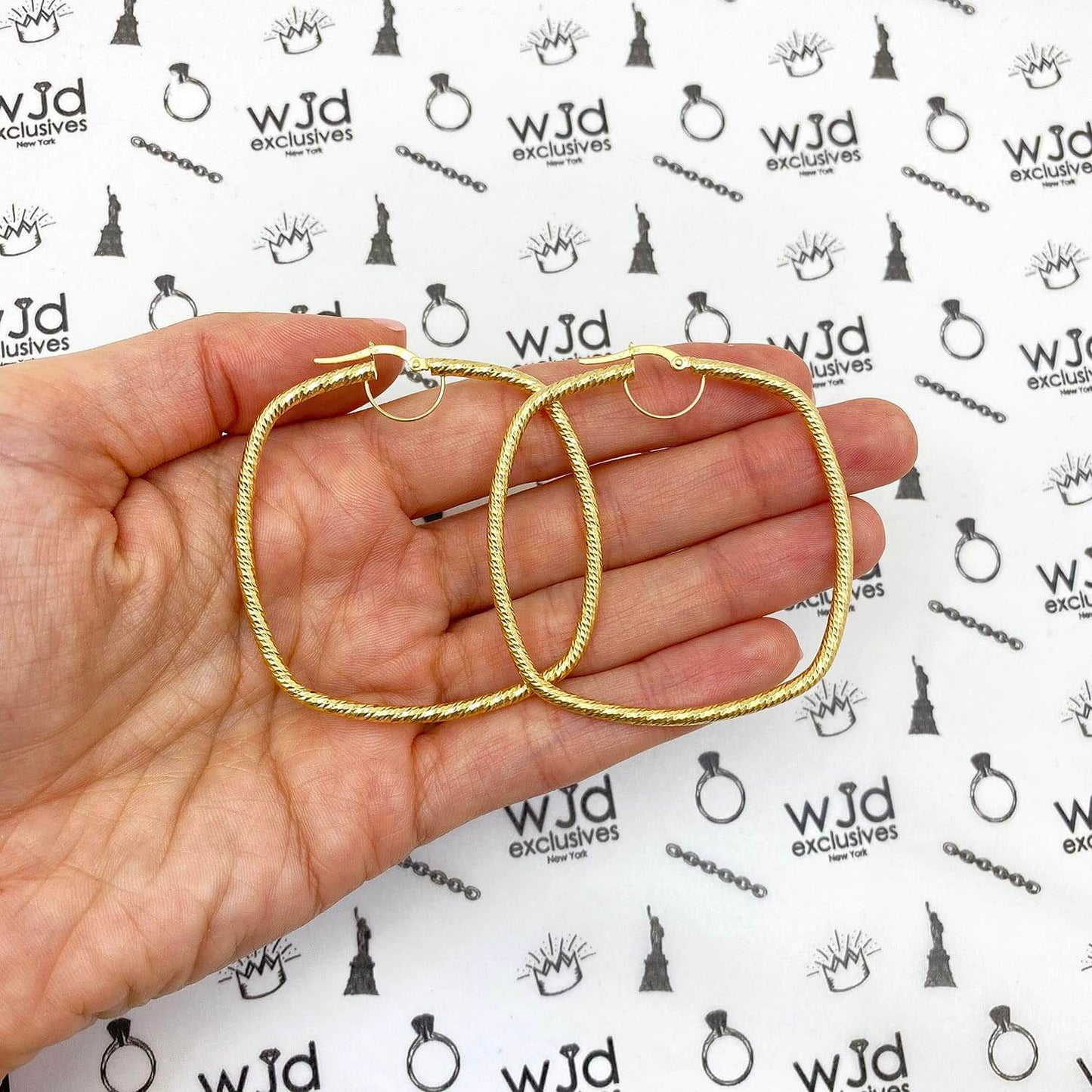 10K Gold Diamond Cut Square Hoop Earrings 50mm