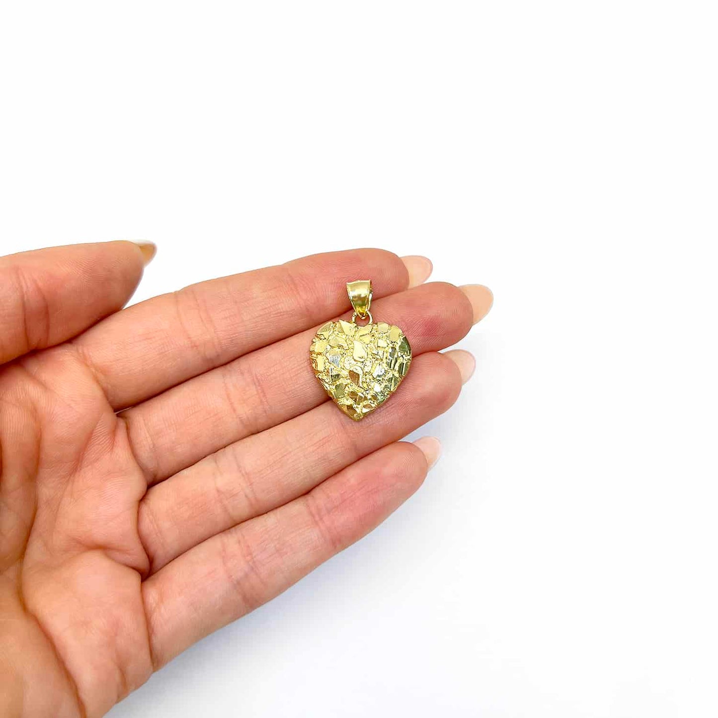 10K Yellow Gold Nugget Heart Pendant 0.7"-1.4"
