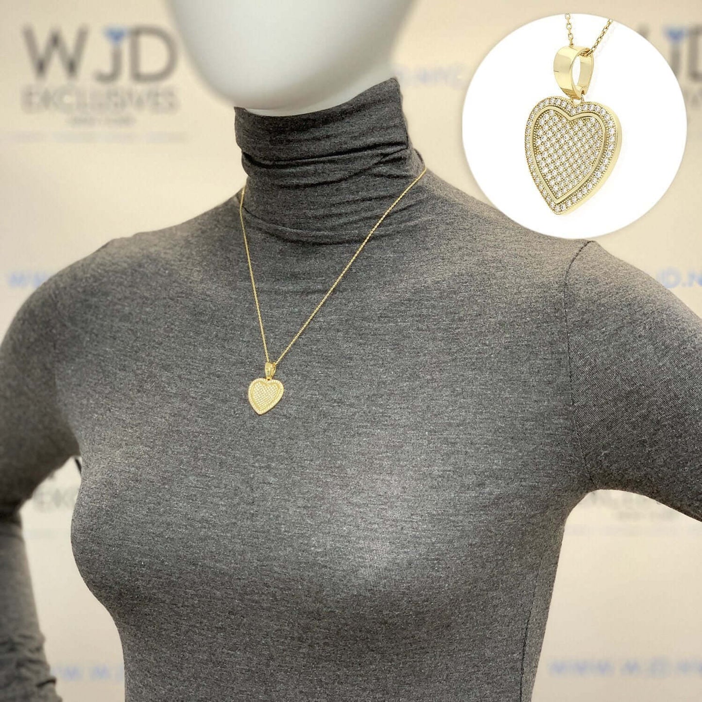 Pave CZ Heart Pendant Necklace 18" In Yellow Gold Tone Sterling Silver
