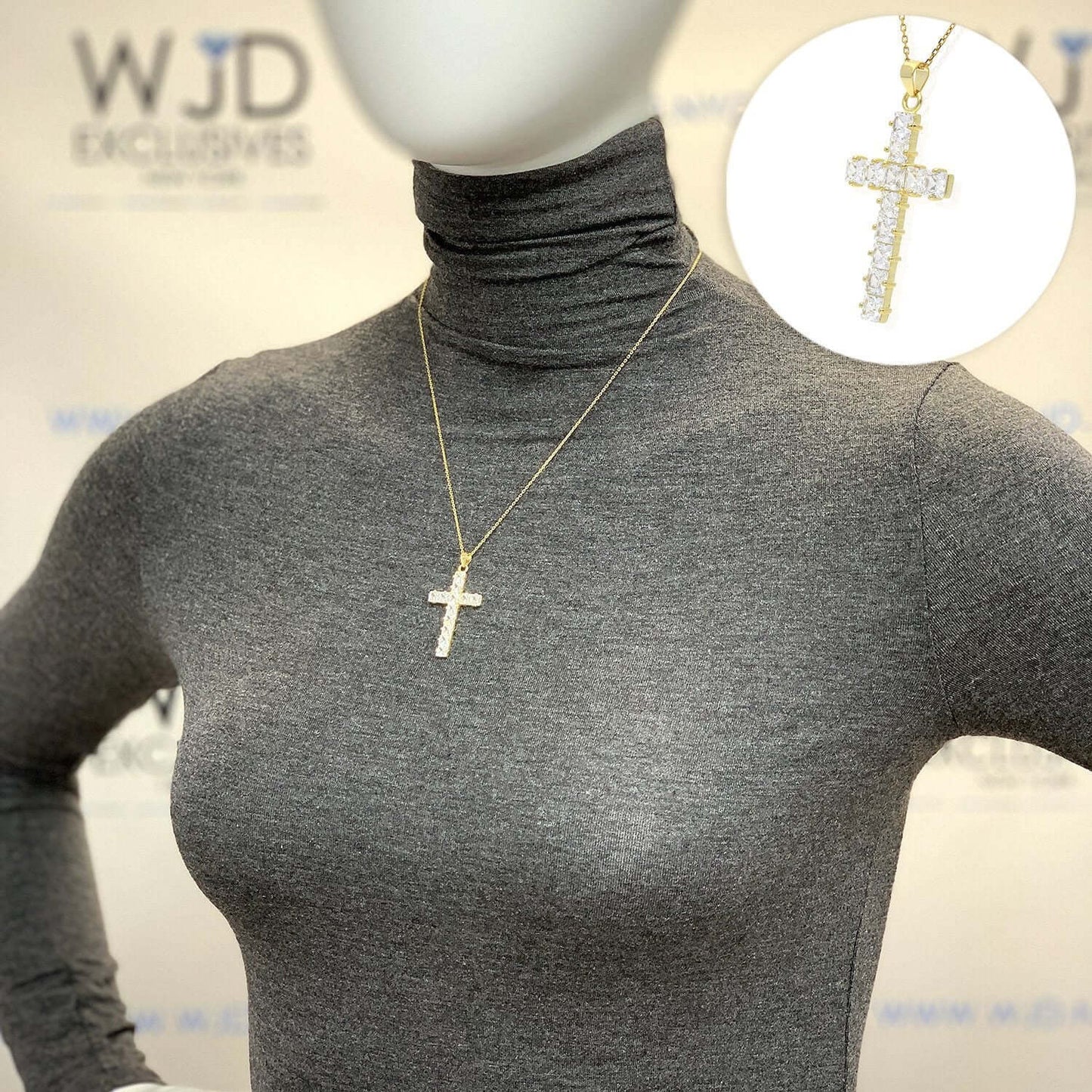 Yellow Gold Over 925 Silver 3.60CTW Princess-Cut CZ Cross Pendant