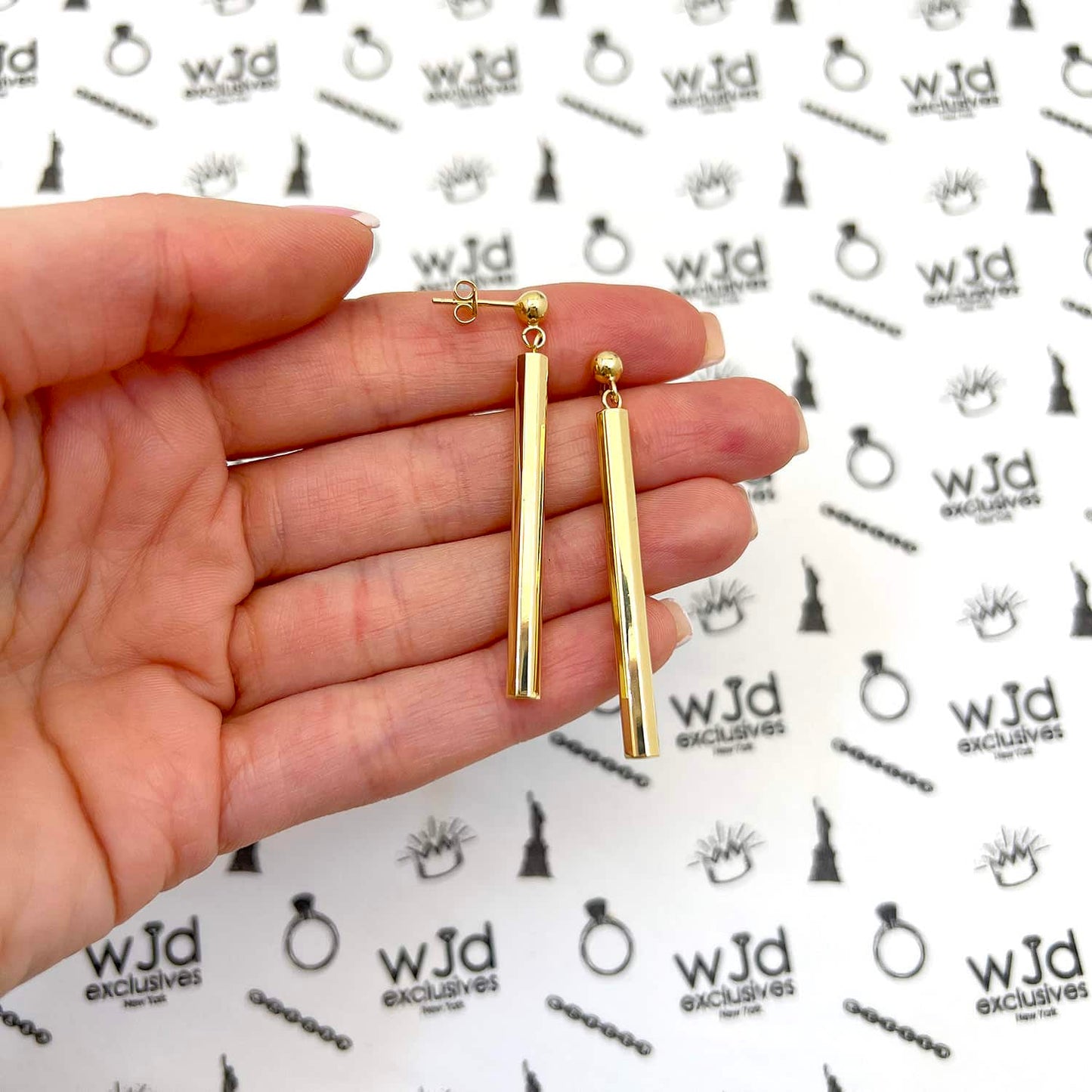 10K Yellow Gold Drop Down Bar Earrings 50mm