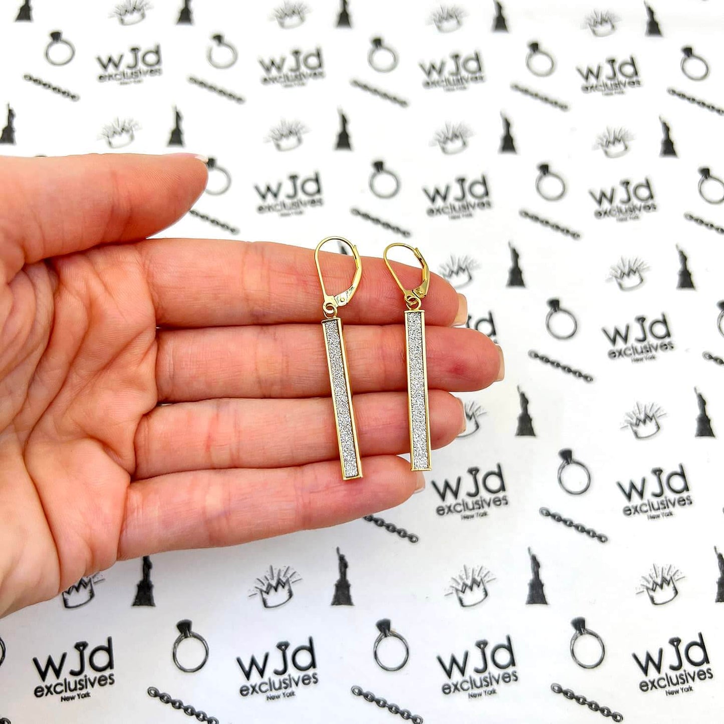 10K Yellow Gold Glitter Bar Drop Leverback Earrings 50mm