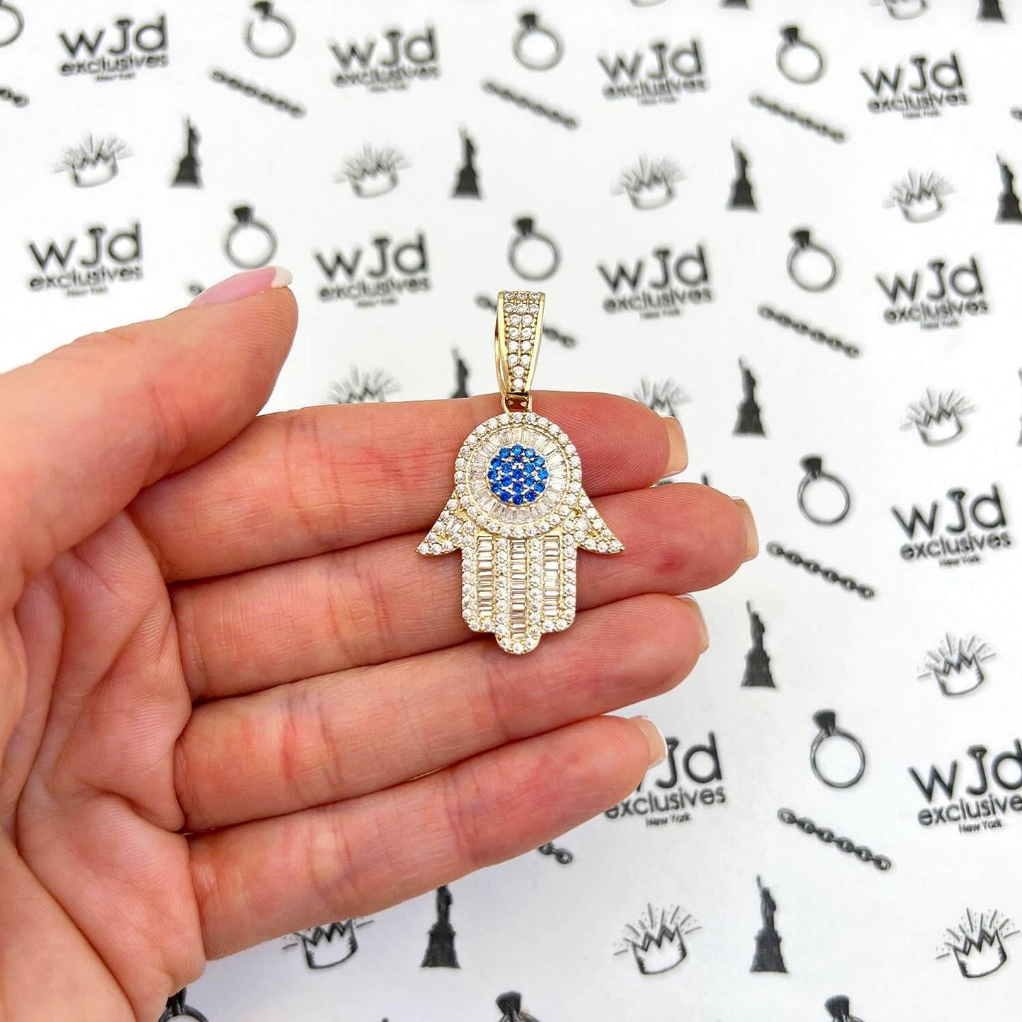 14K Yellow Gold Simulated Baguette Diamond Sapphire Hamsa Charm Pendant 1.6"