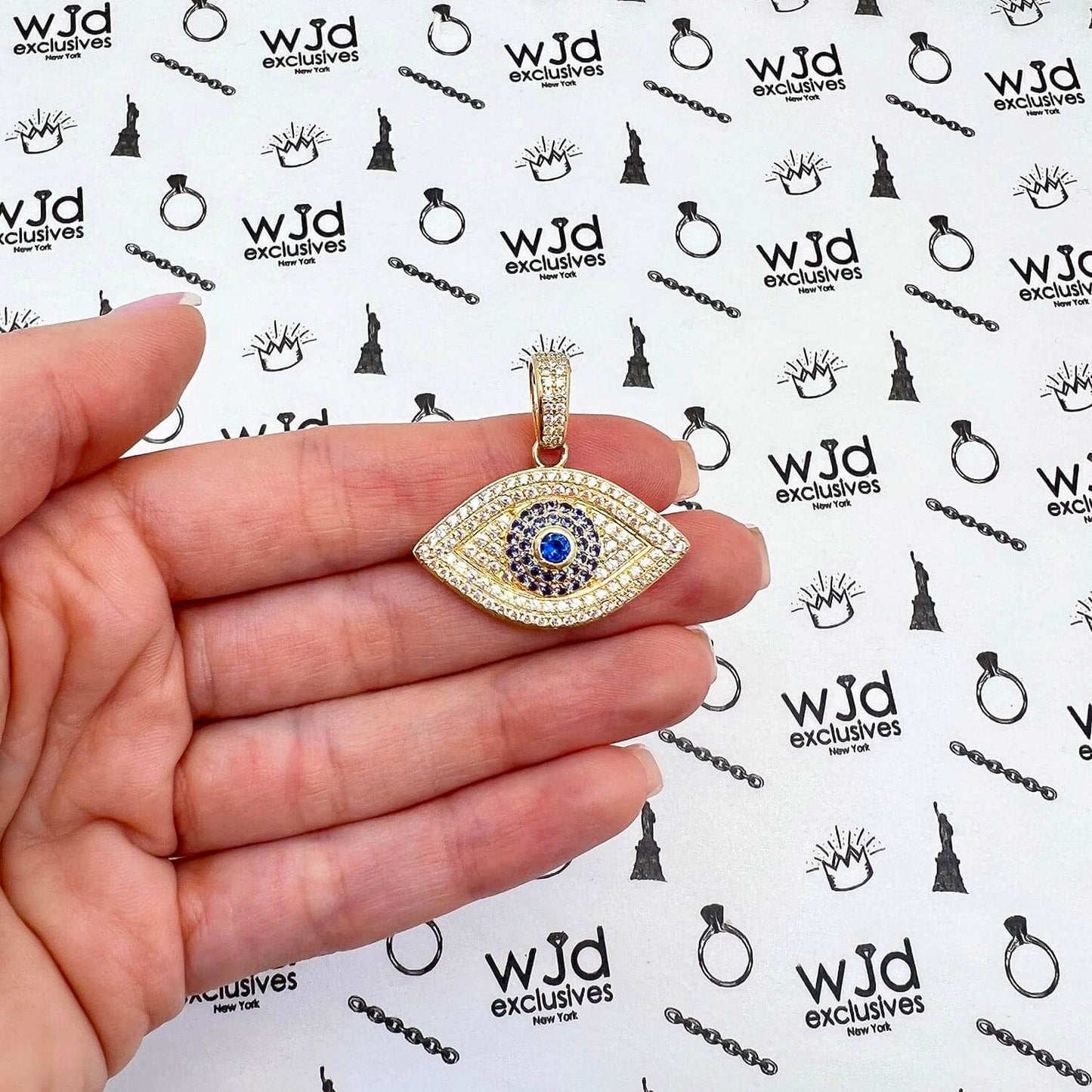 14K Yellow Gold CZ Sapphire Evil Eye Pendant 1.2"