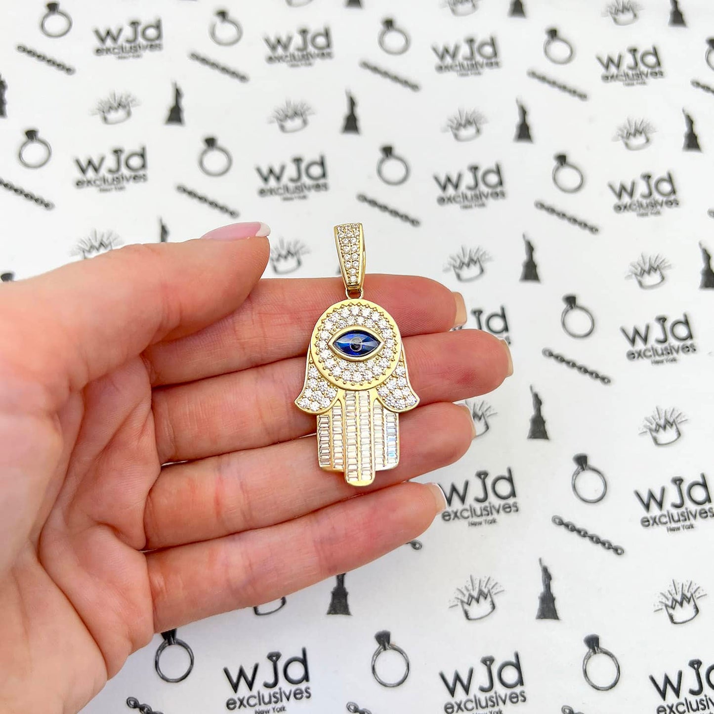 14K Yellow Gold CZ Sapphire Evil Eye Hamsa Hand Pendant 2"