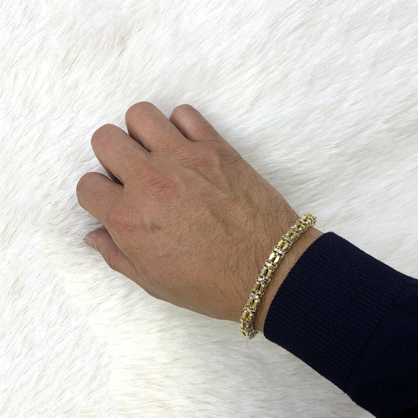 10K Gold Yellow White 6mm Square Bicycle Bracelet 8.5"