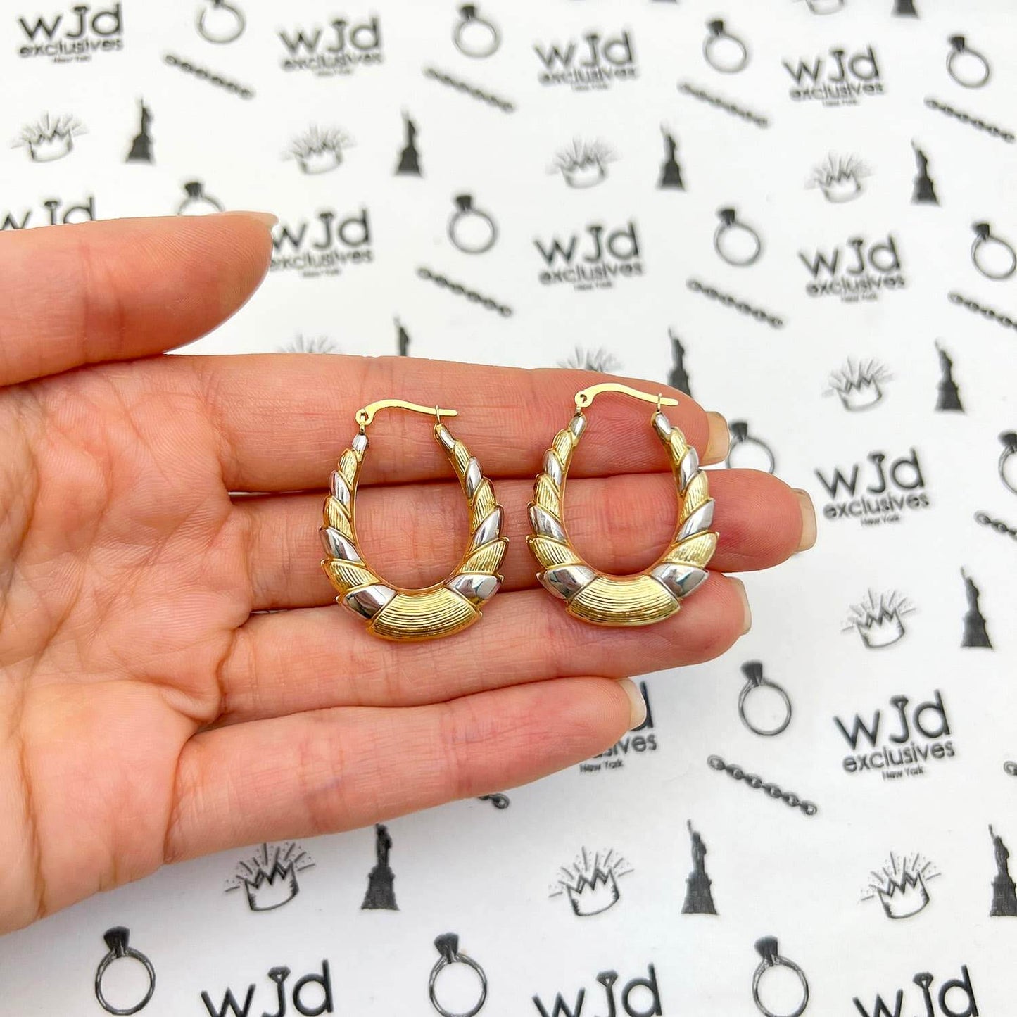 14k Yellow White Gold Two-Tone Croissant Creole Hoop Earrings 30mm