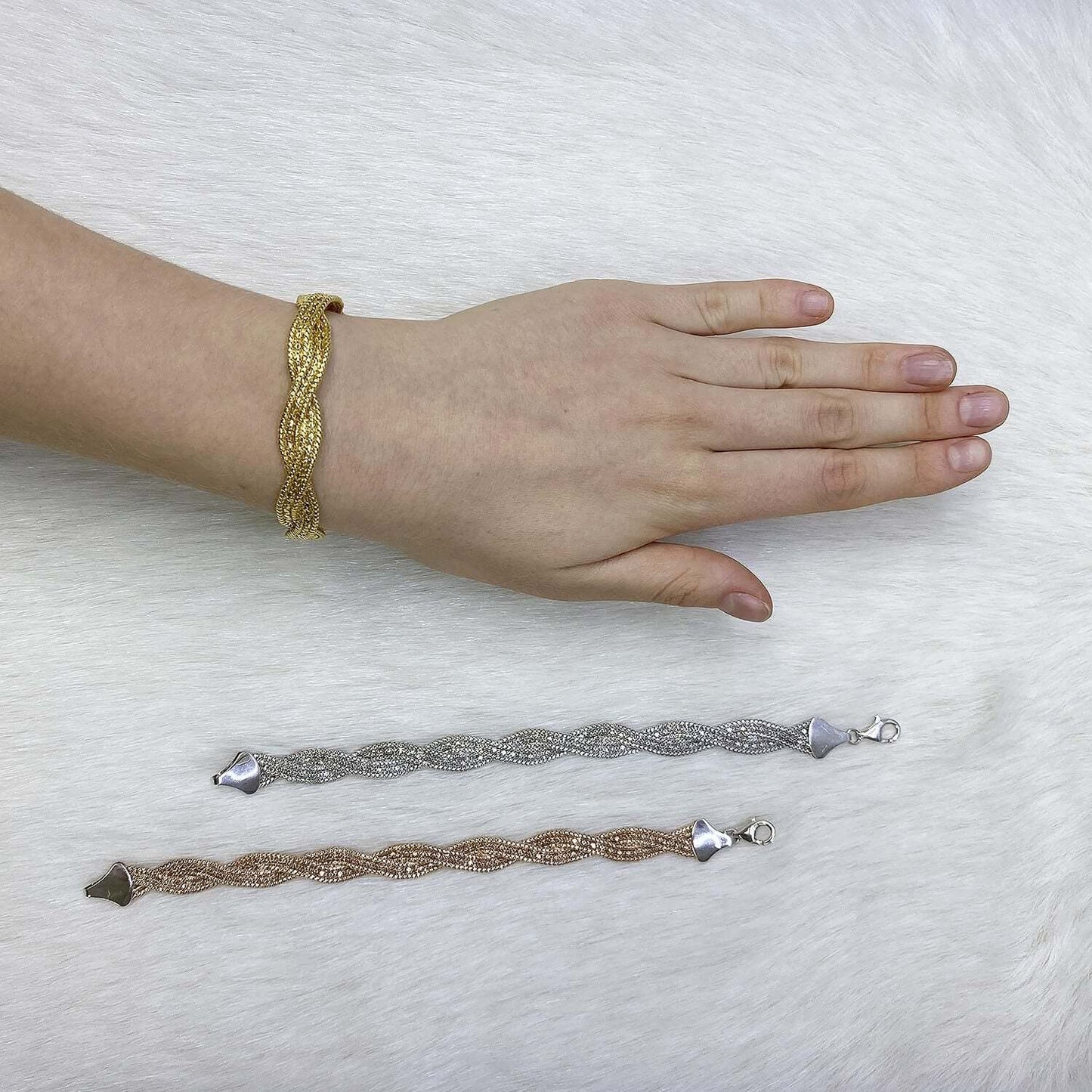 Yellow White Rose Gold Over Sterling Silver Fancy Braided Box Bracelet (Hollow) 7.5"