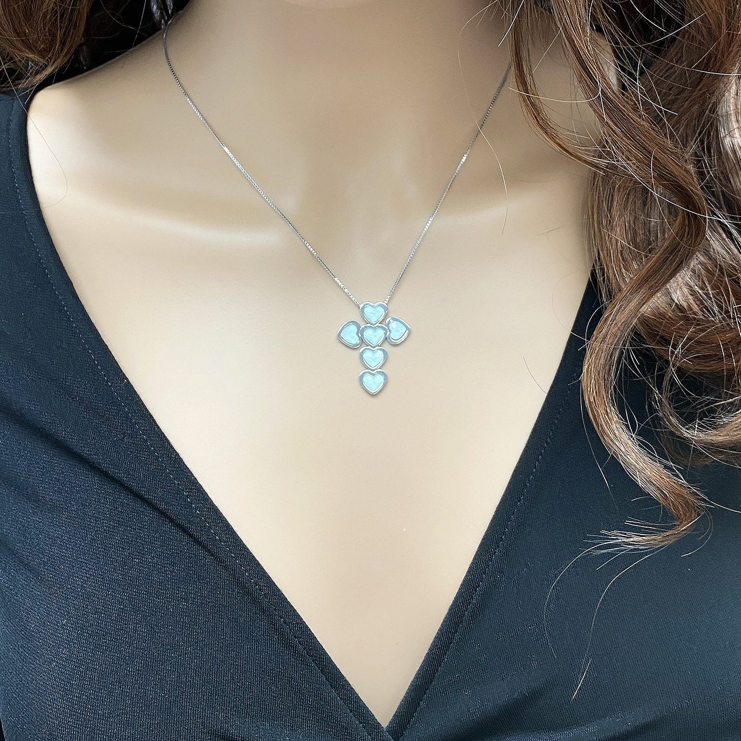 925 Sterling Silver Box Chain 18" Heart Green Pink Opal Cross Pendant 1.1"