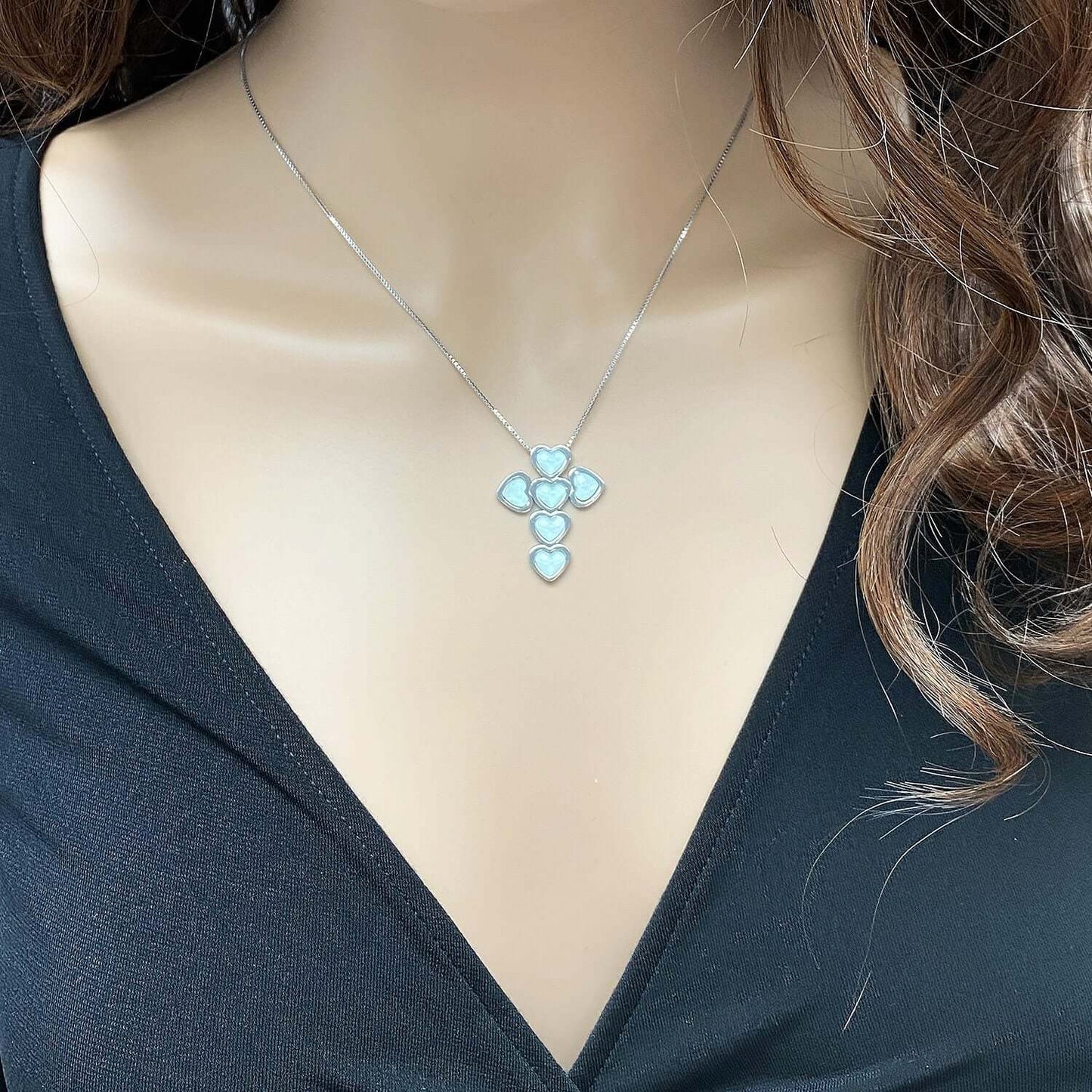 Sterling Silver Box Heart Green Pink Opal Cross Necklace 18"