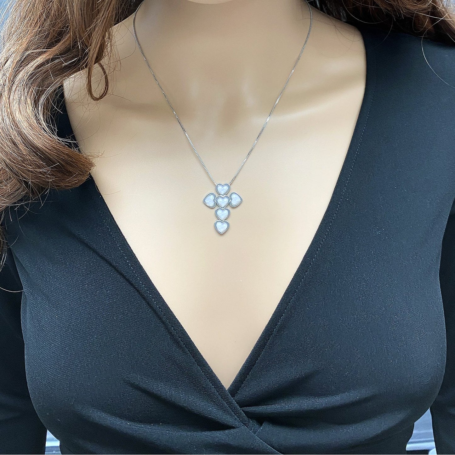 925 Sterling Silver Box Chain 18" Heart Green Pink Opal Cross Pendant 1.1"
