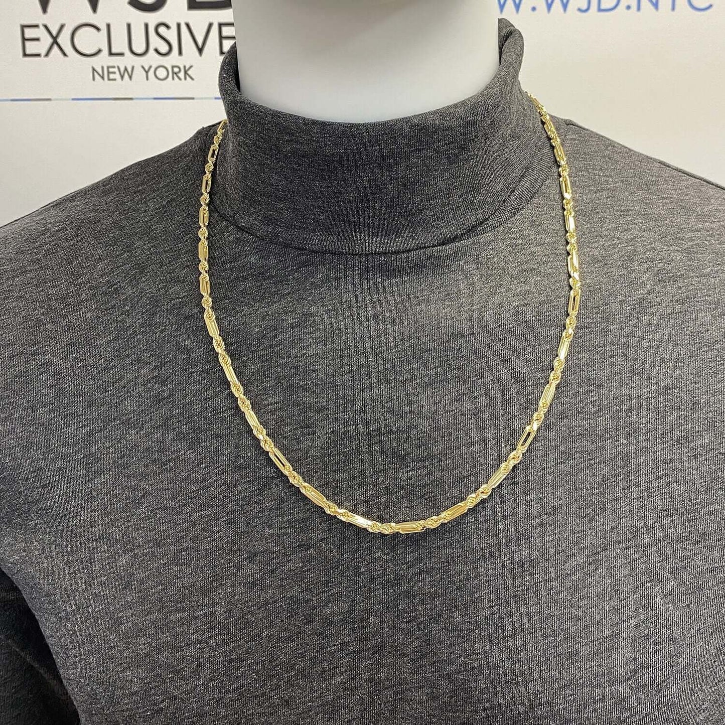 14K Yellow Gold 4mm Milano Figaro Rope Chain (Solid Links) 20"-26"