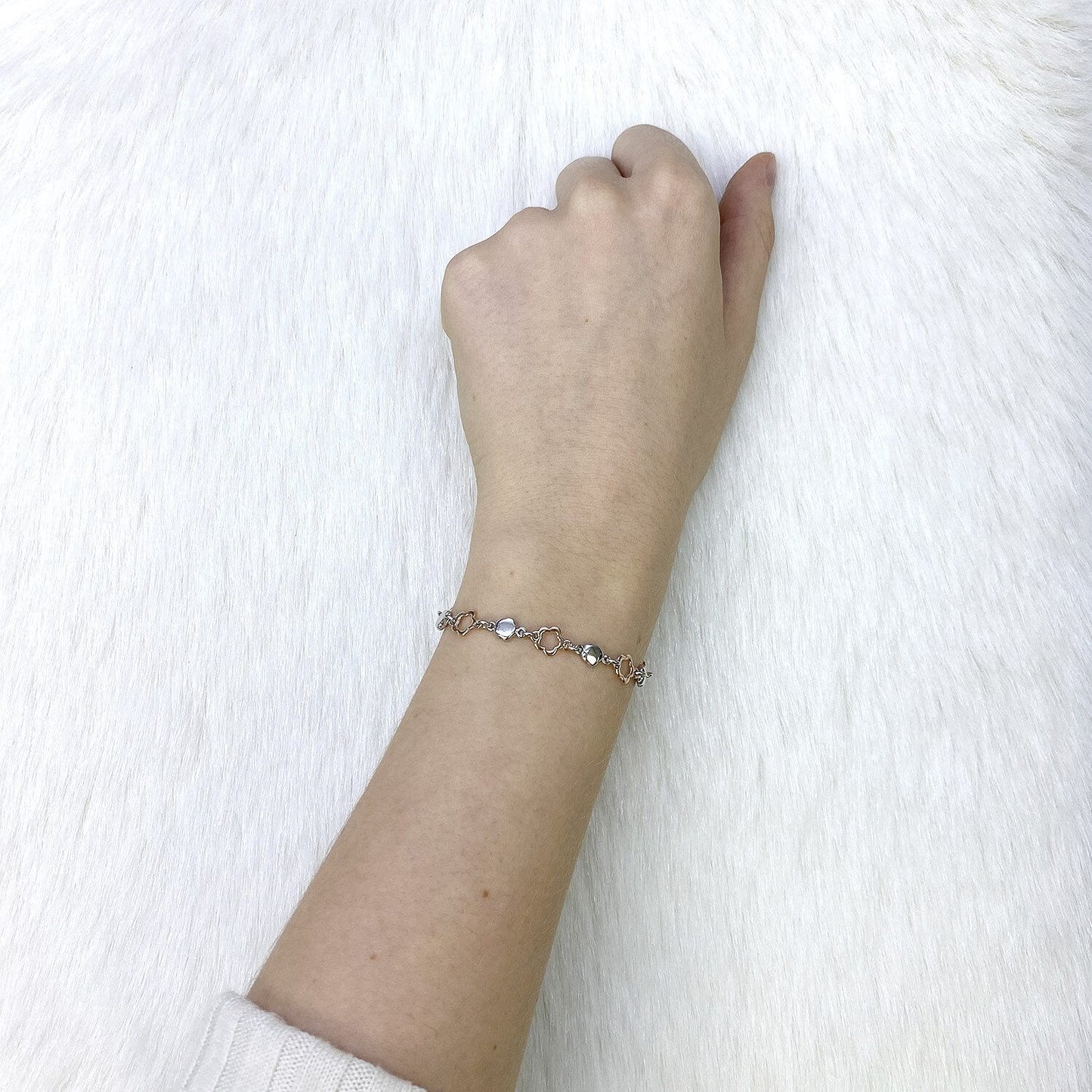 Sterling Silver White Rose Gold Flower Bracelet 7.5"