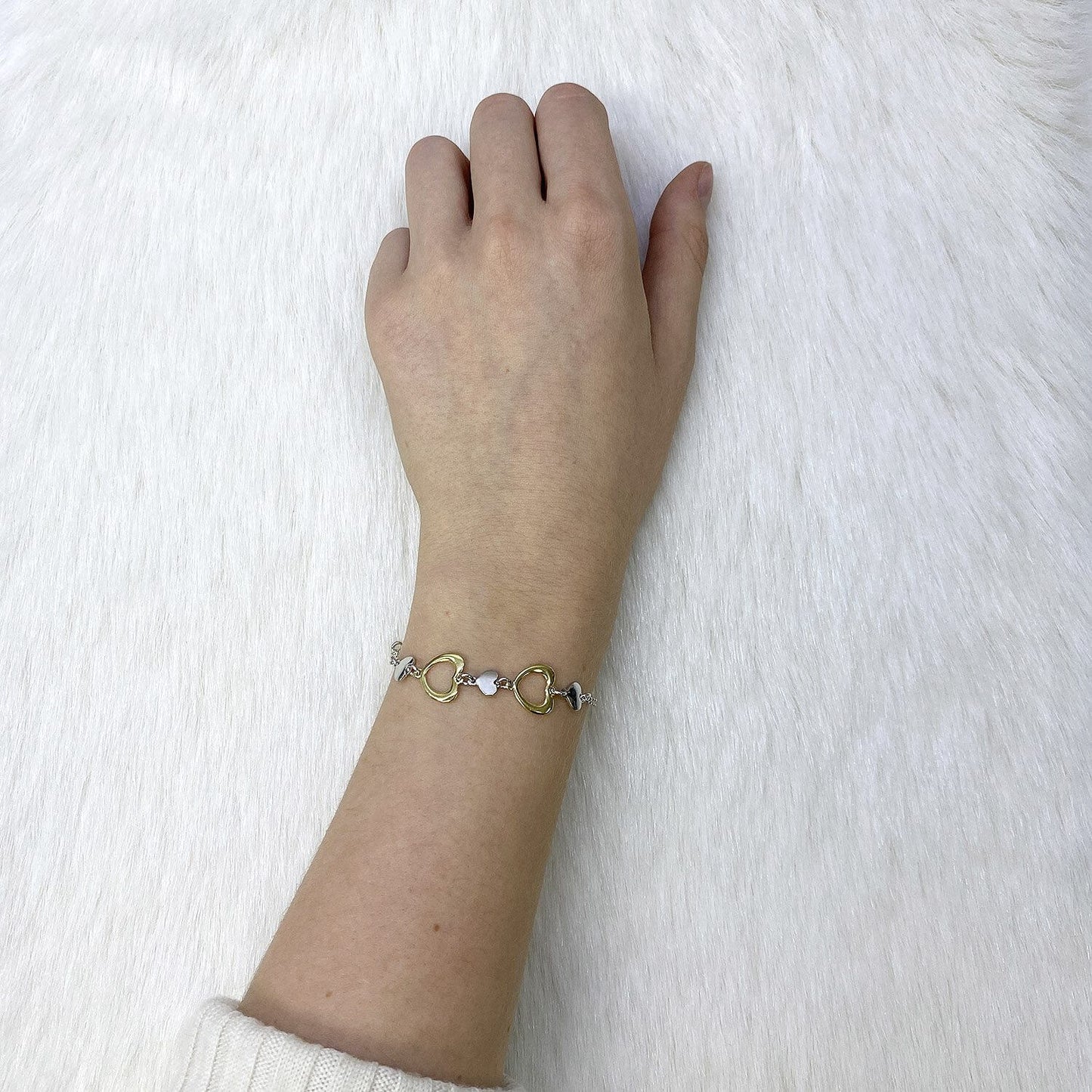 Sterling Silver Gold Open Hearts Cable Bracelet 7.5"