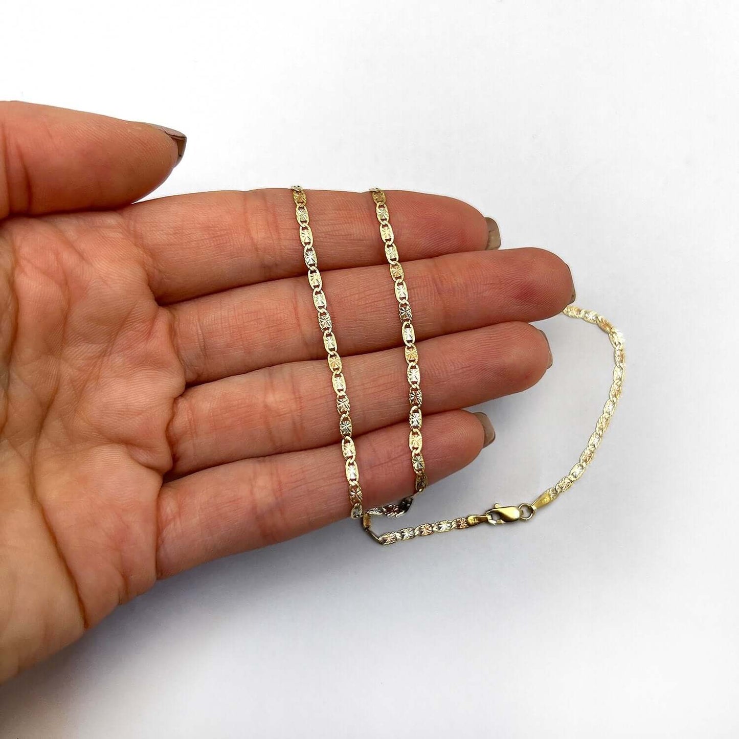 Solid 14K Real Gold Tri-Color 2mm Diamond-Cut Valentino Chain Necklace 16"-20"