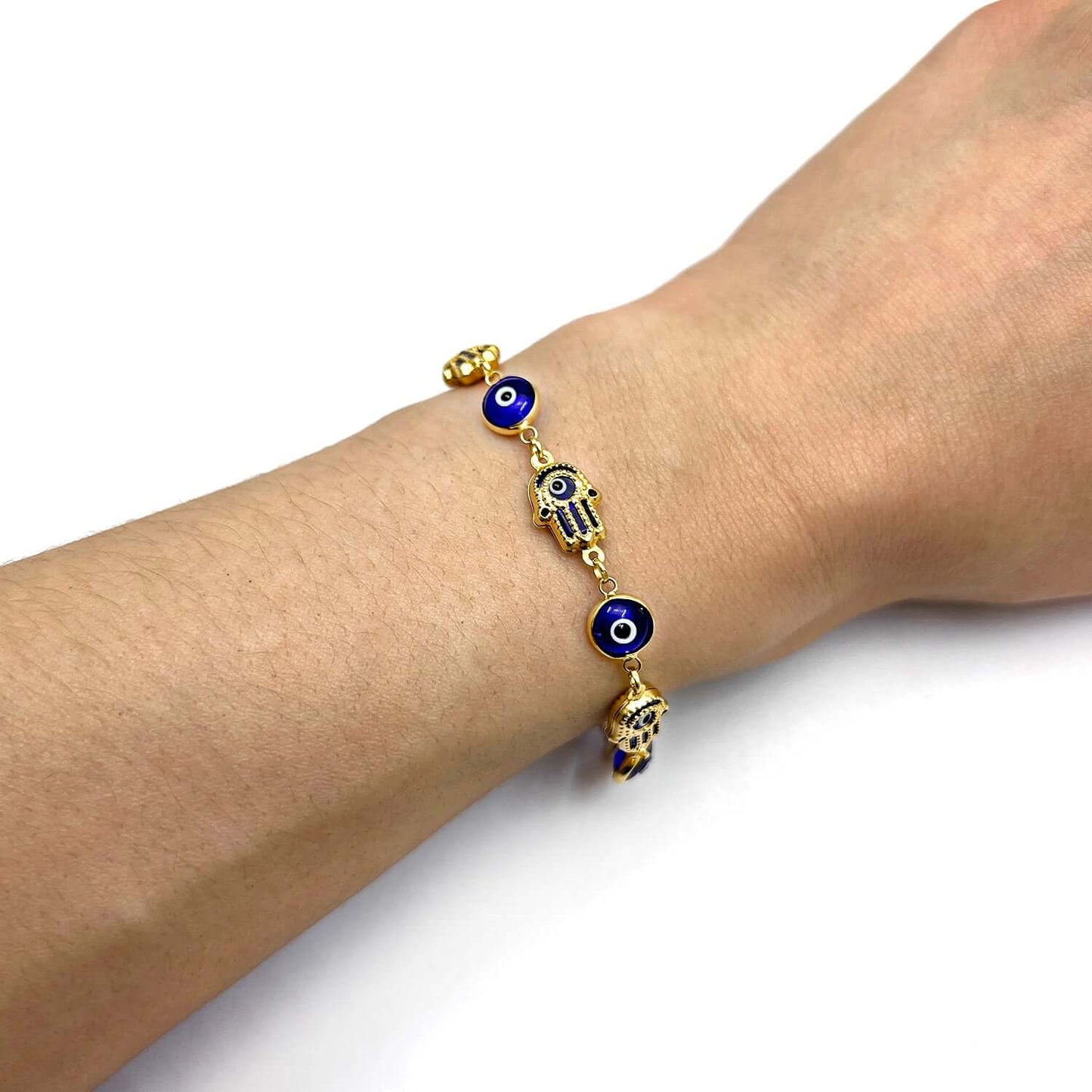 14K Gold Yellow Blue Evil Eye Hamsa Hand Bracelet 7.5"