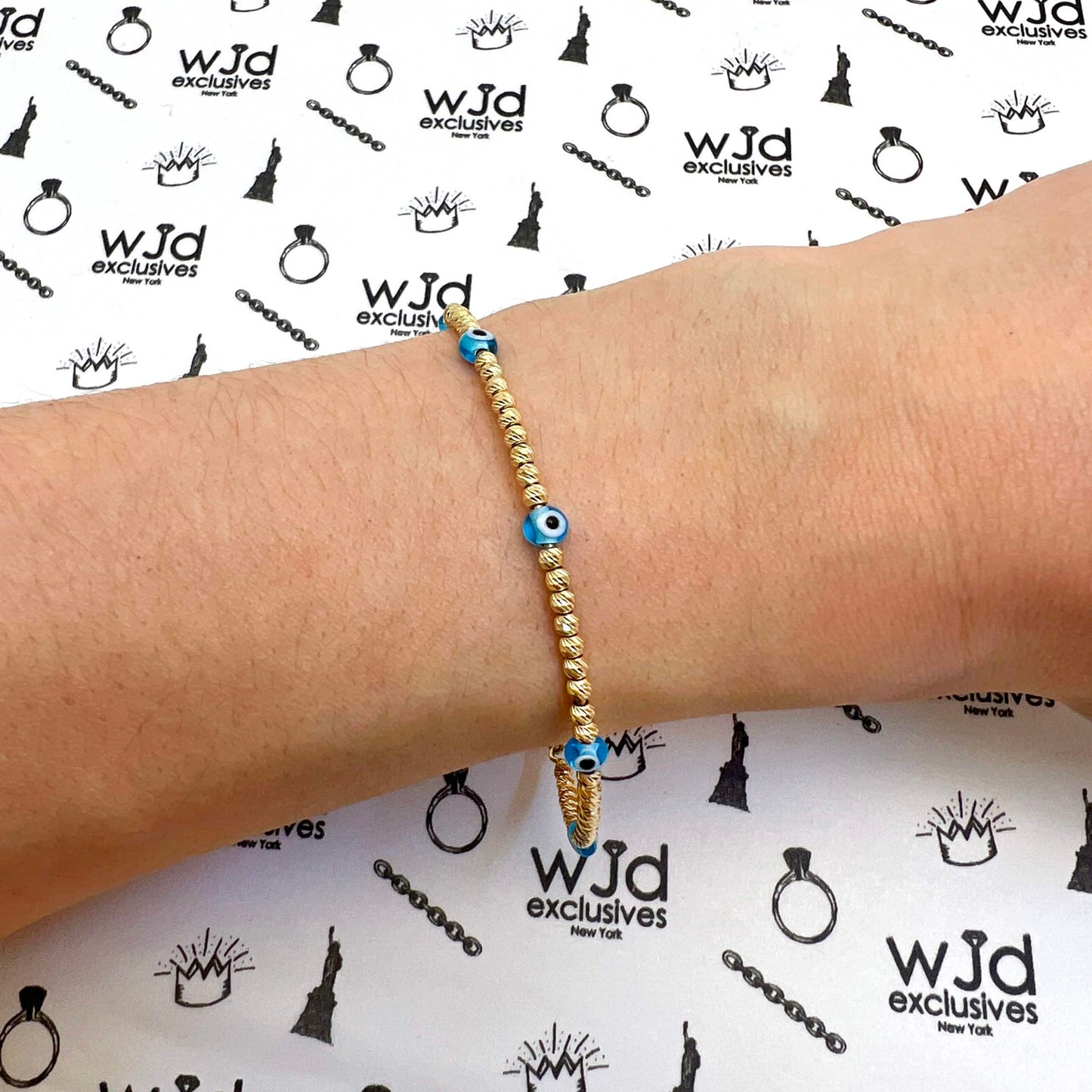 14K Gold Diamond-Cut Ball Beaded Evil Eye Bangle Bracelet 6.25"-7.5" Adjustable