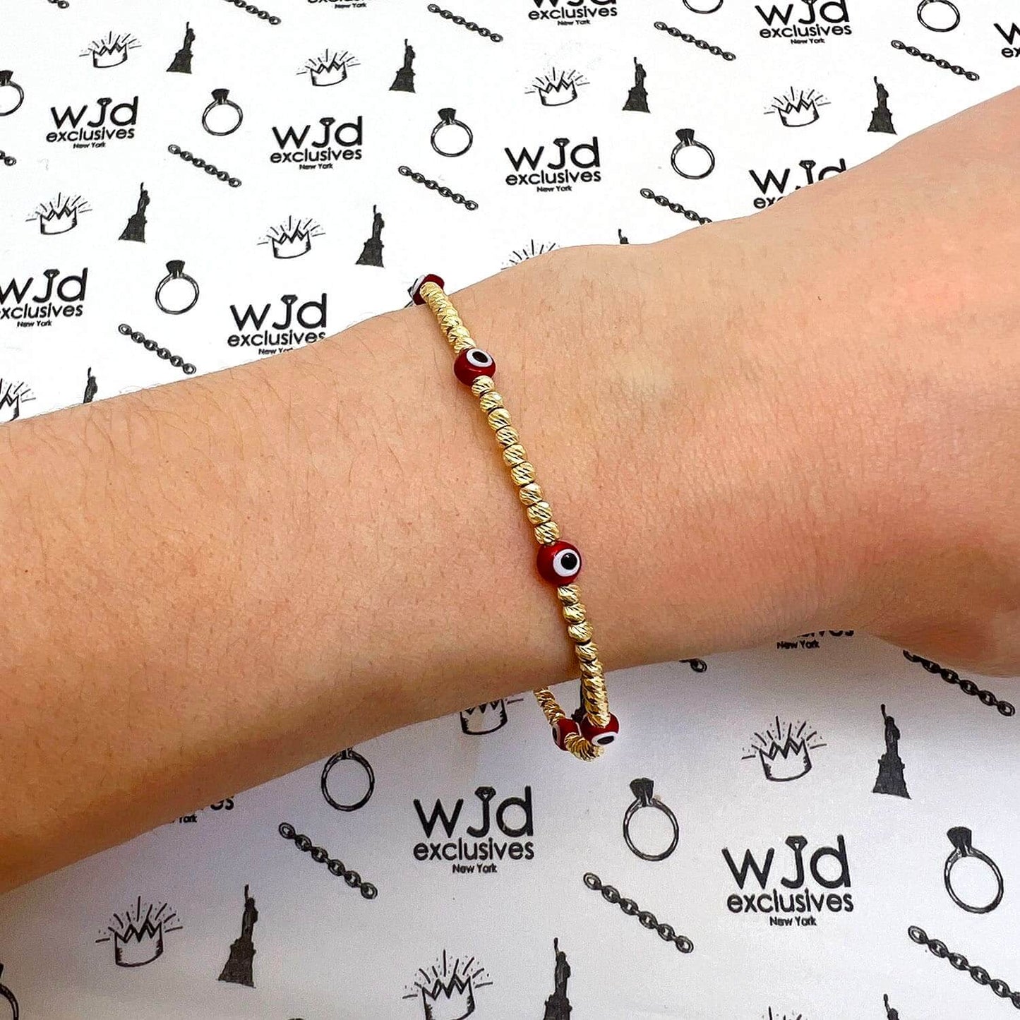 14K Gold Diamond-Cut Ball Beaded Evil Eye Bangle Bracelet 6.25"-7.5" Adjustable