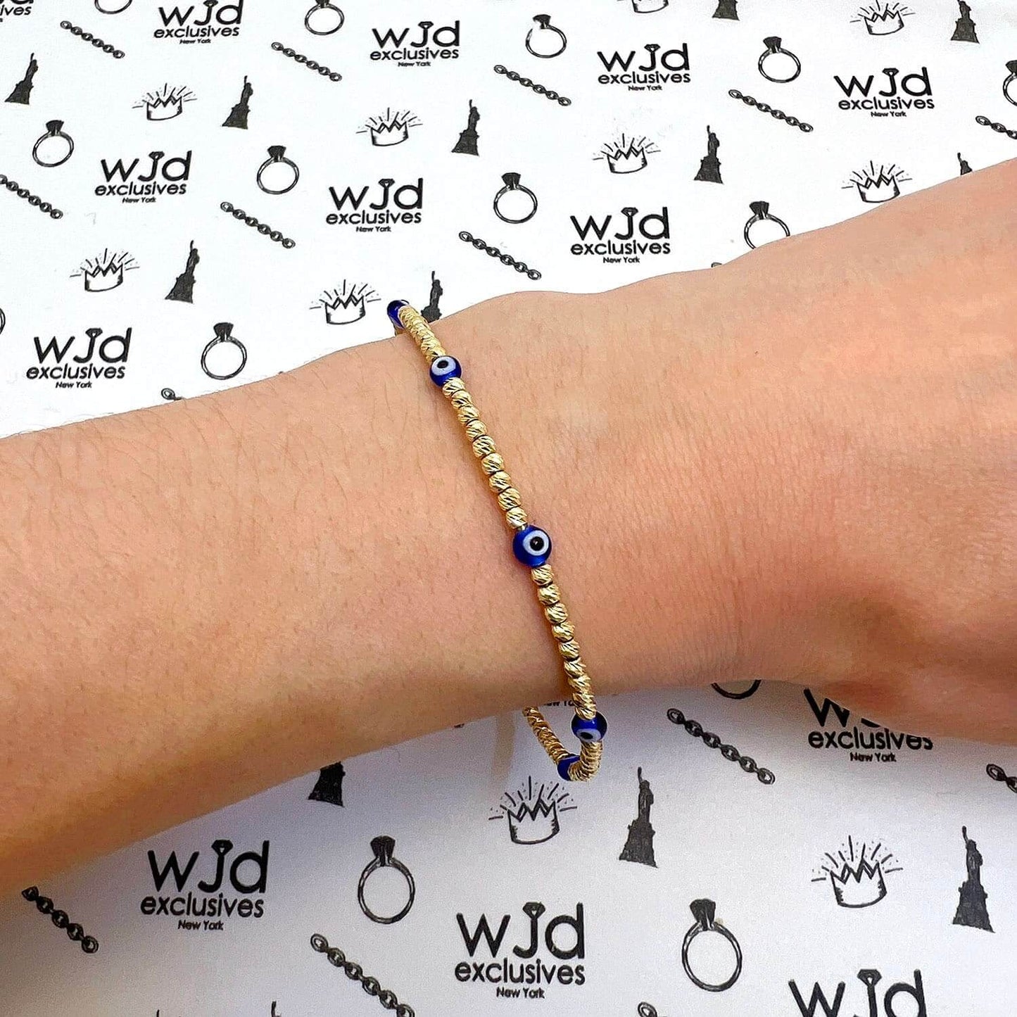 14K Gold Diamond-Cut Ball Beaded Evil Eye Bangle Bracelet 6.25"-7.5" Adjustable