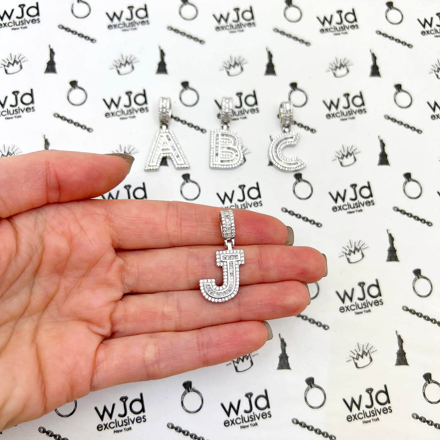 18K White Gold Over Silver CZ Initial Letter Charm Pendant 1.2"