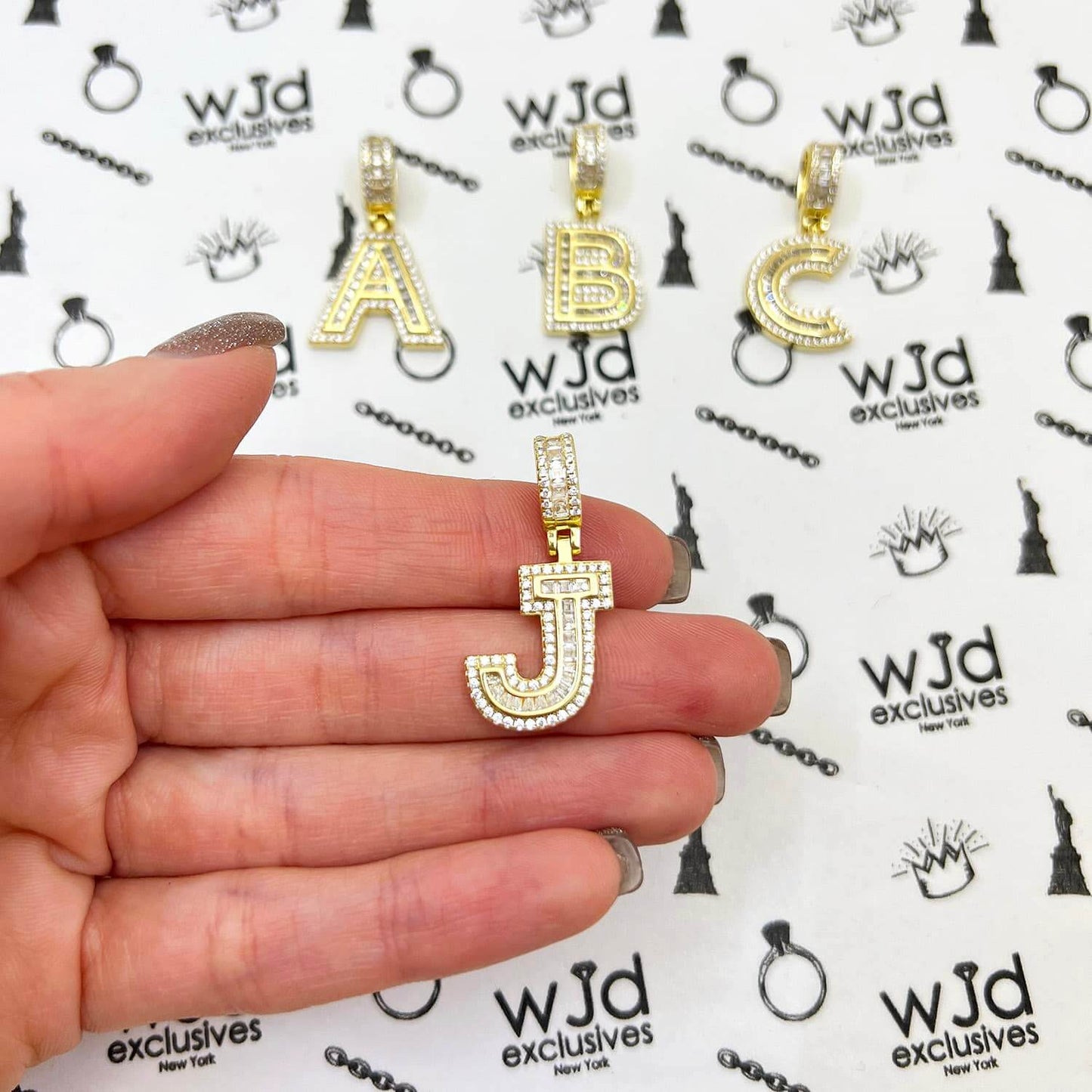 18K Yellow Gold Over Silver CZ Initial Letter Charm Pendant 1.2"