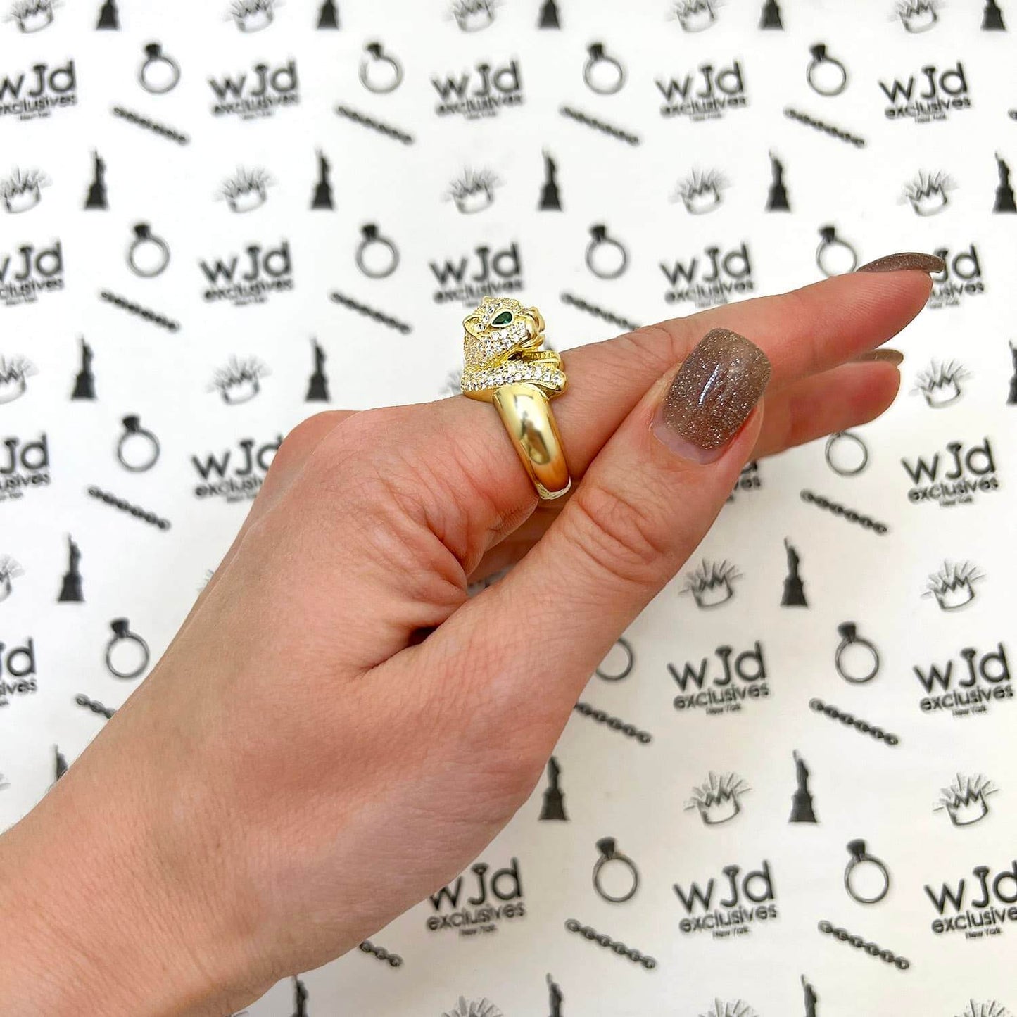 18K Gold Over Silver CZ Pave Emerald Green Eyes Panther Ring