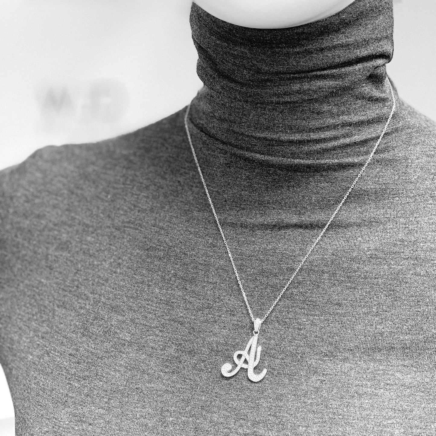 925 Sterling Silver Single Script Initial Cubic Zirconia Pendant Necklace 18"