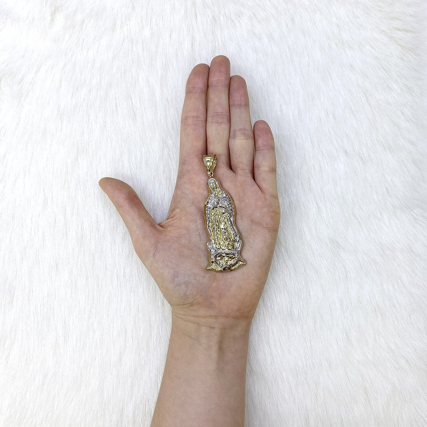 10K Yellow Gold Diamond Cut Our Lady Of Guadalupe Virgin Mary Charm Pendant 3"