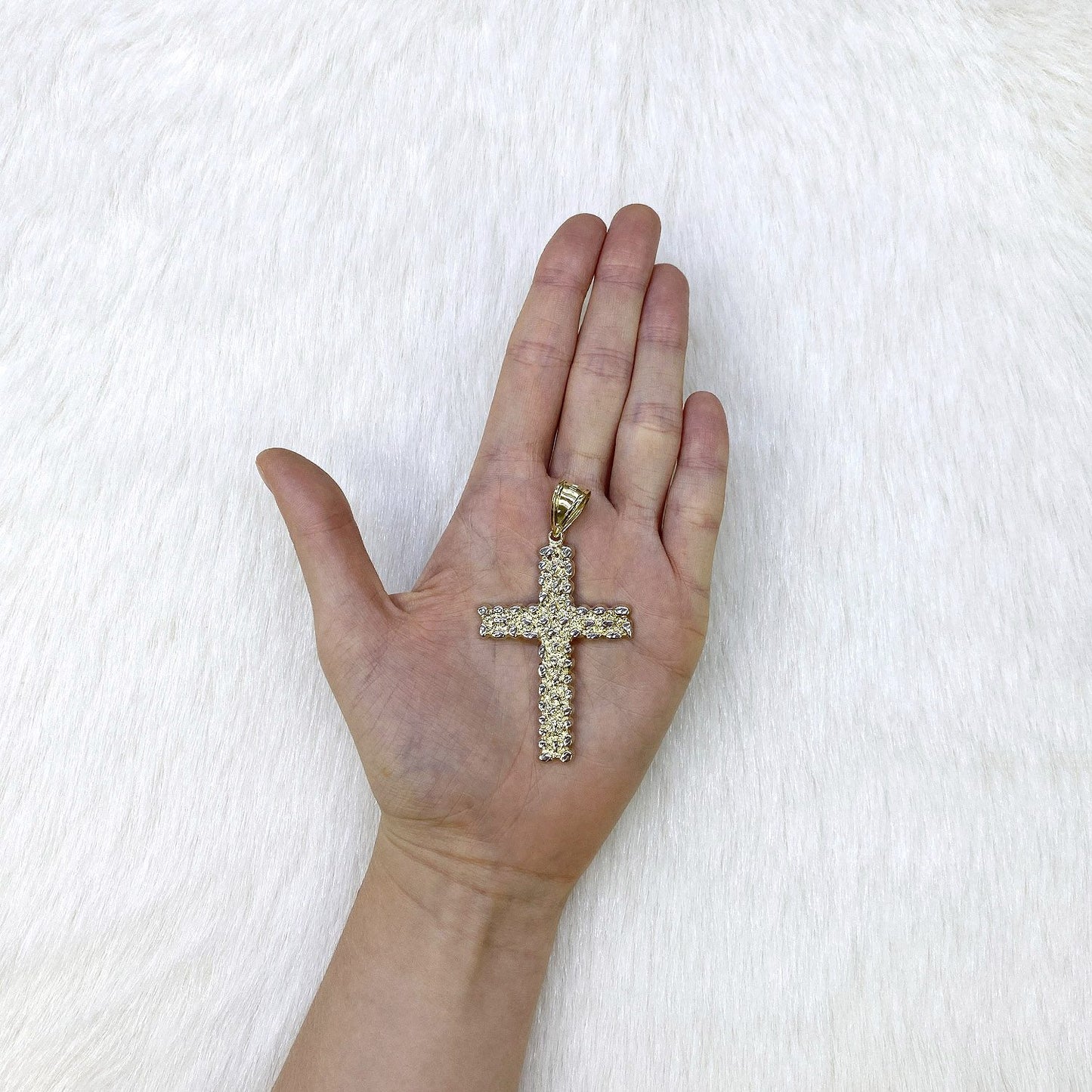 10K Real Gold White Diamond-Cut Nugget Cross Pendant