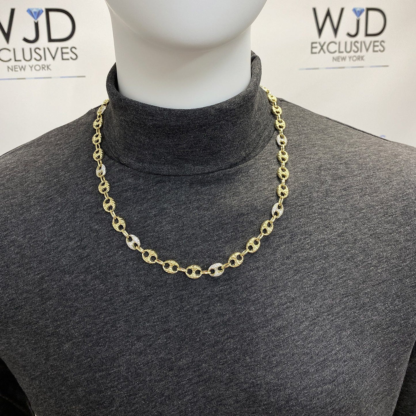 10K Yellow Gold CZ Puffed Mariner Anchor Nugget Chain 20"-24"