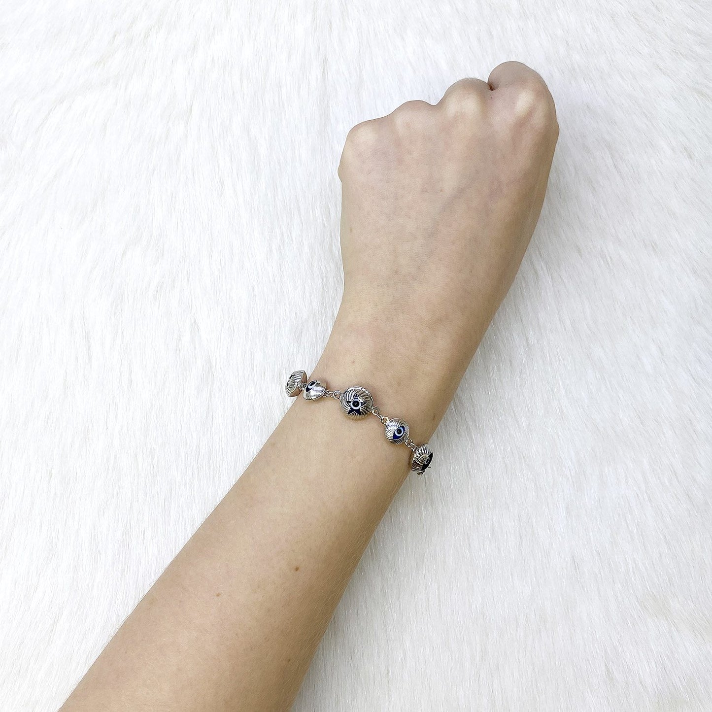 10K Gold White Diamond Cut Evil Eye Bracelet 7.5"