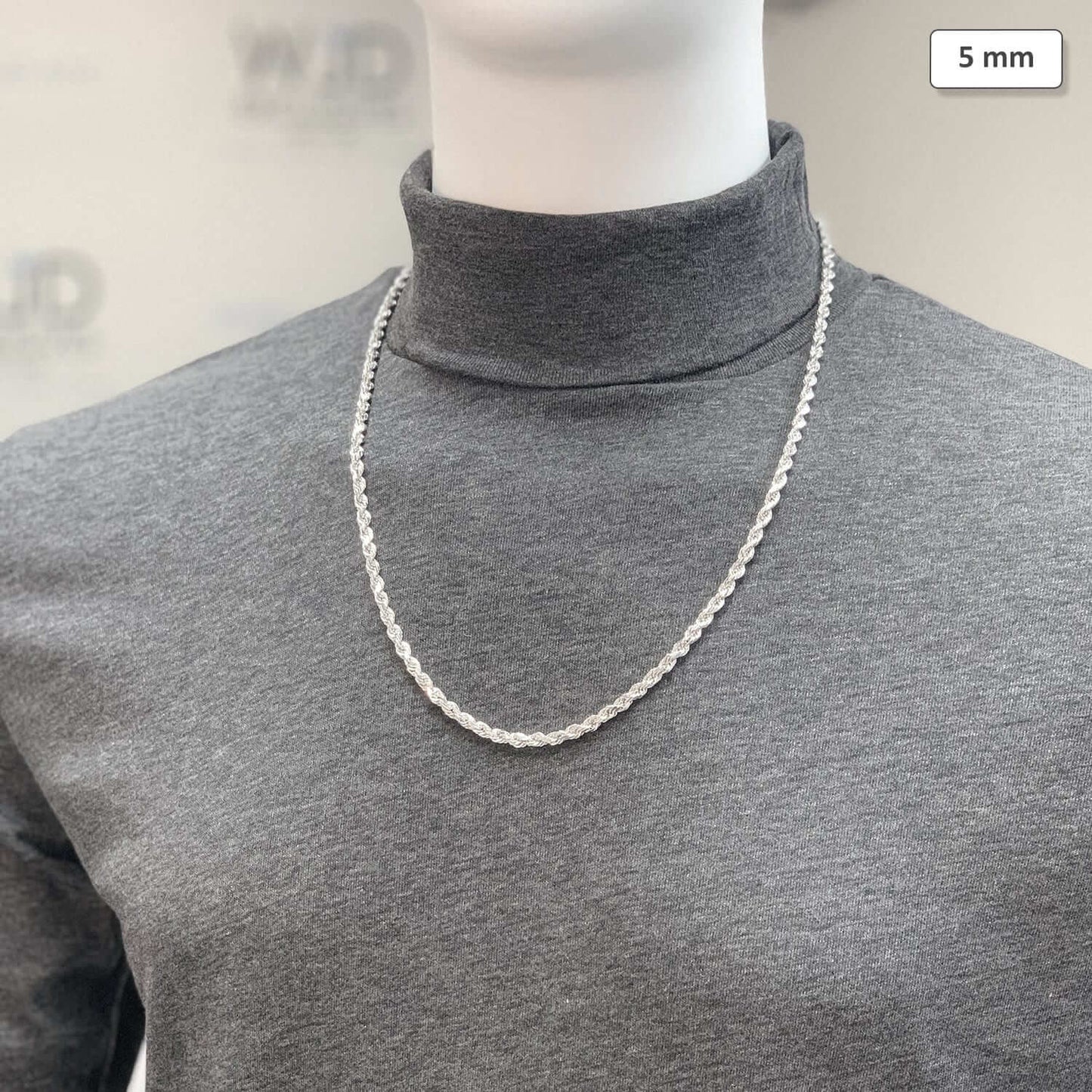 14K White Gold 5mm Diamond-Cut Rope Chain (Solid Links) 18"-30"