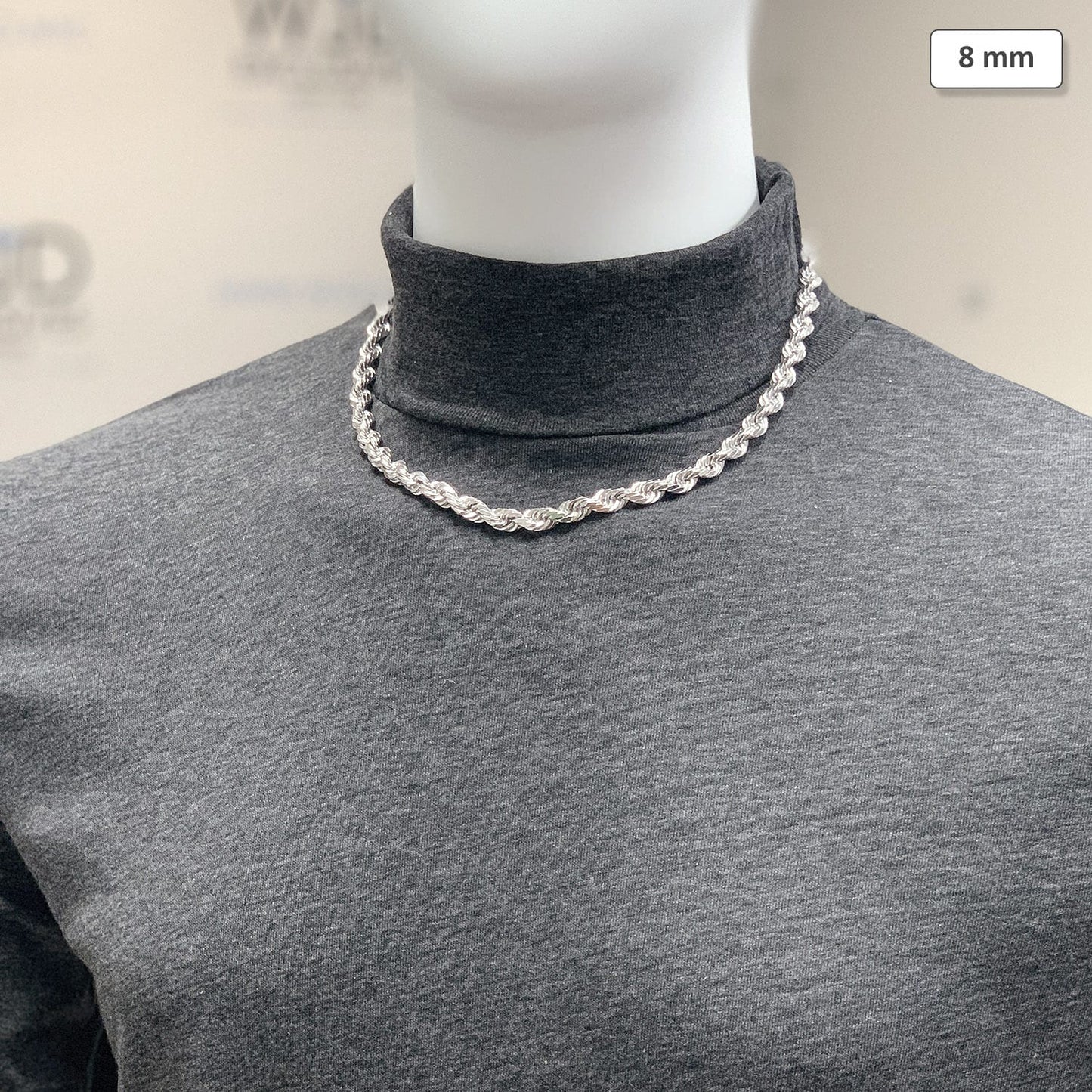 14K Solid White Gold 8mm Diamond Cut Rope Chain Necklace 20" 22" 24" 26" 28"