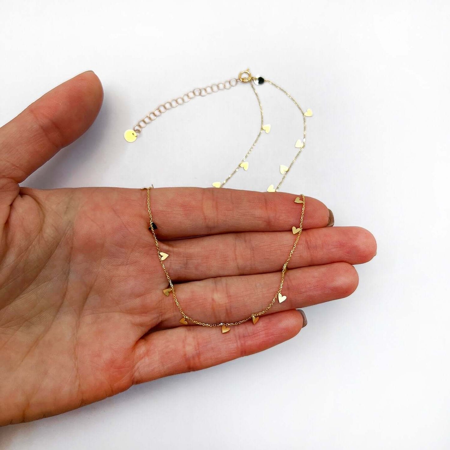 14K Yellow Gold Dangling Hearts Cable Chain Necklace 16"-18" Adjustable