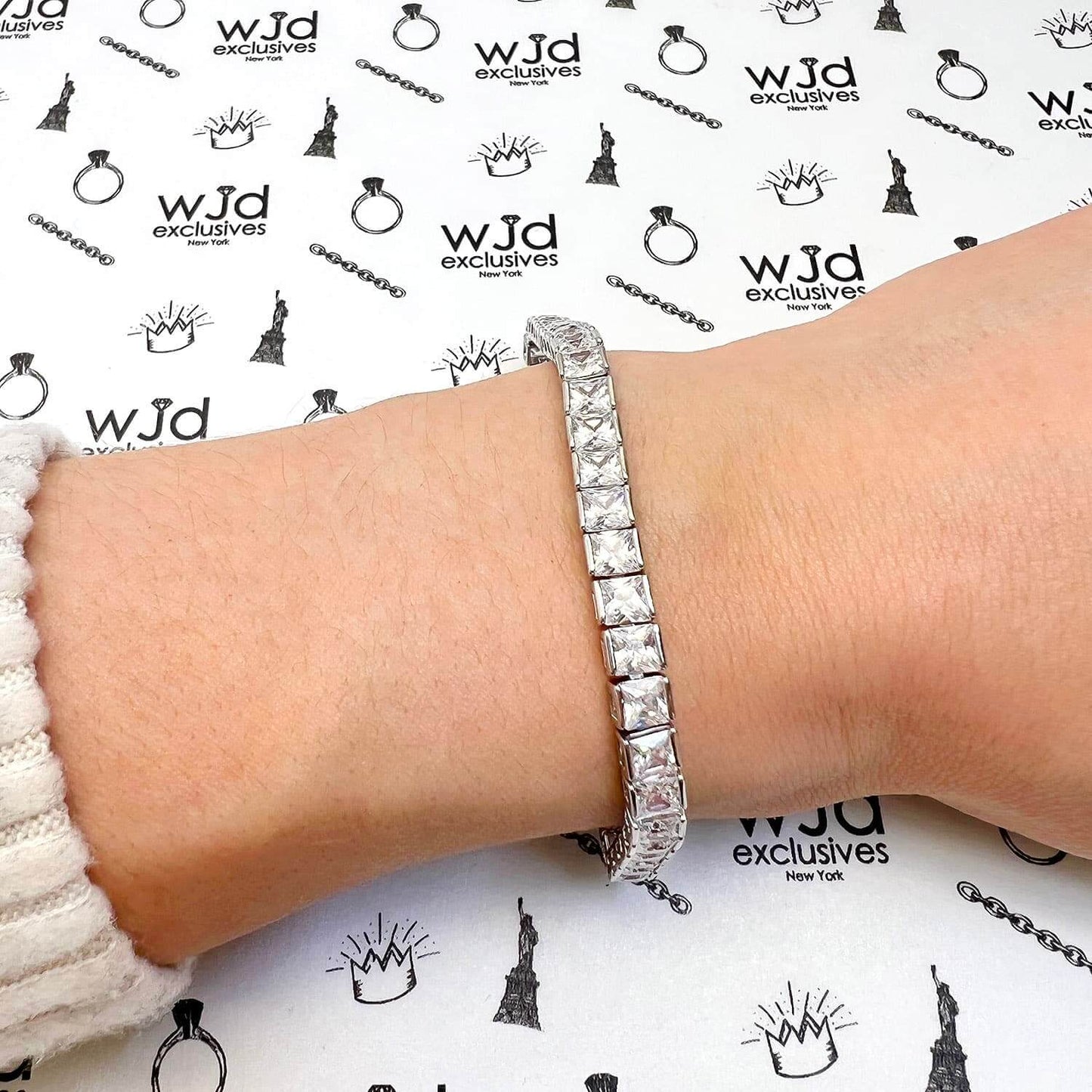 14K White Gold Over Silver CZ Princess Cut Tennis Bracelet 7.5"