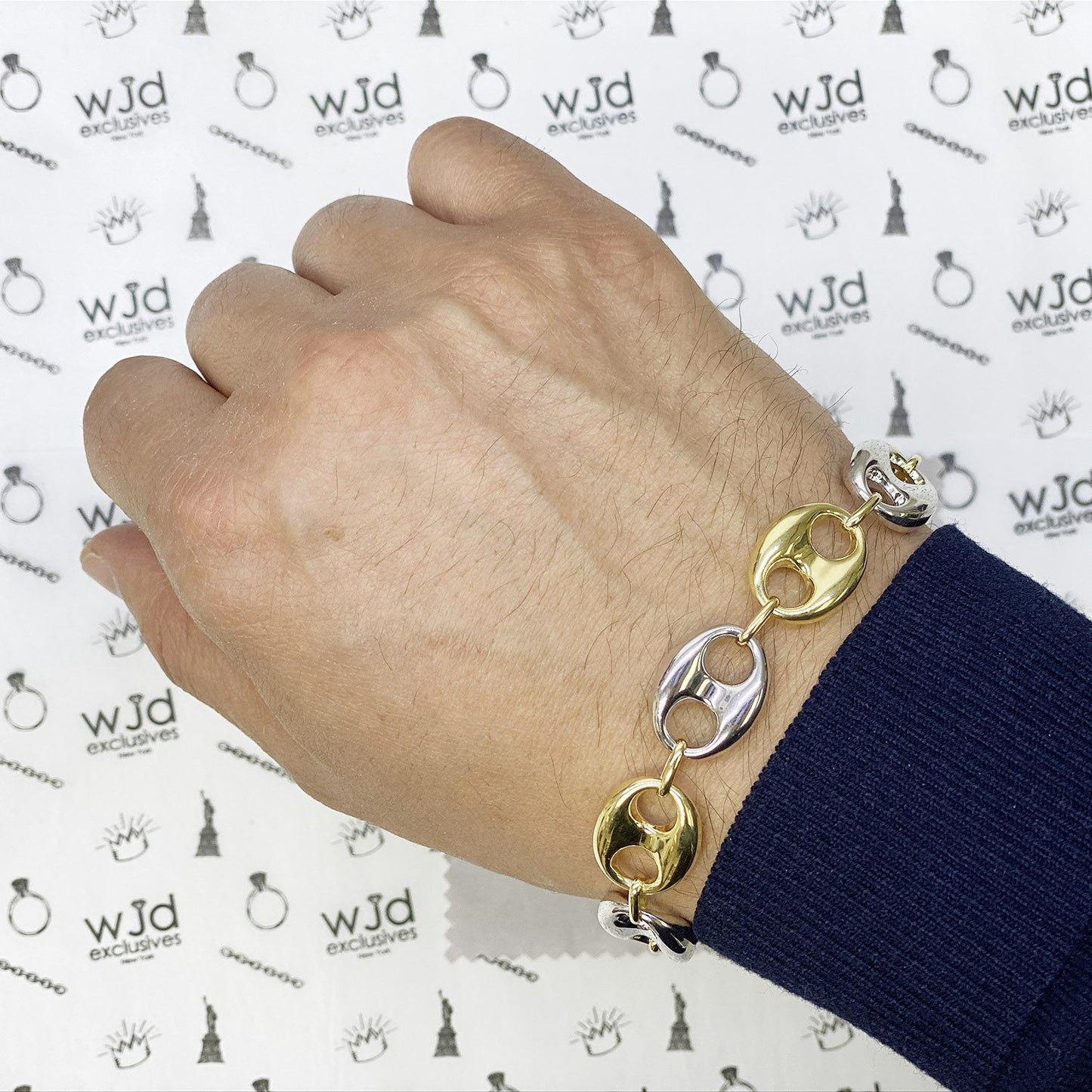 10K Yellow White Gold Two-Tone 15mm Puffed Anchor Mariner Bracelet 9″