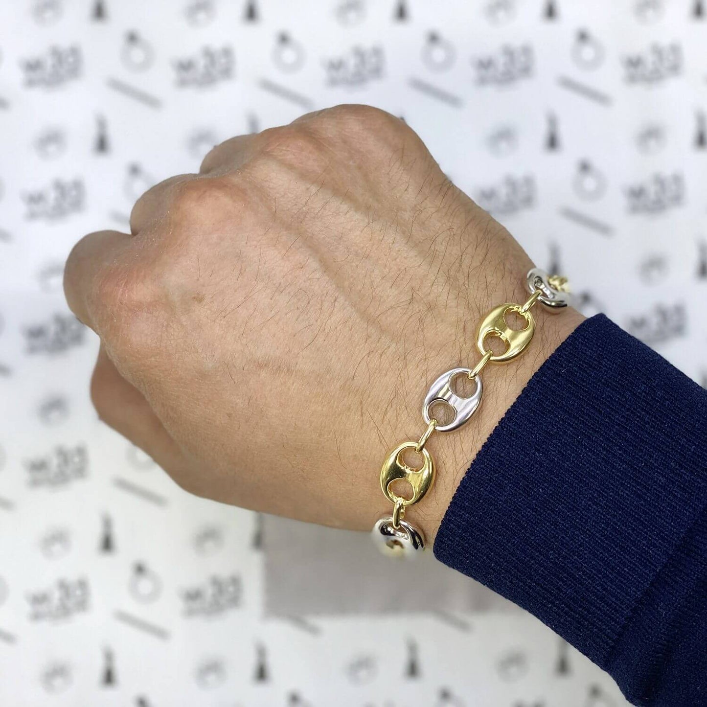 10K Yellow White Gold Two-Tone 12mm Puffed Anchor Mariner Bracelet (Hollow) 8.5"