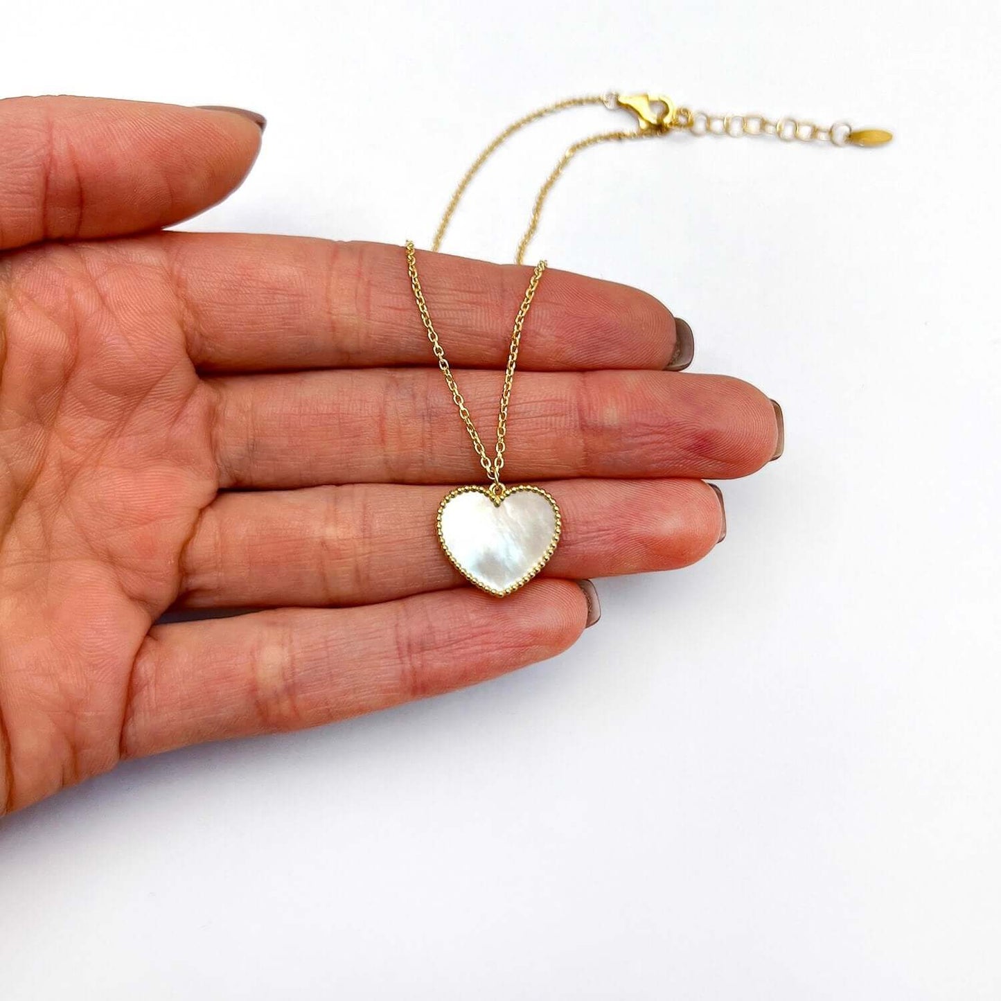 14K Gold Mother Of Pearl Heart Pendant Necklace 17"-18" Adjustable