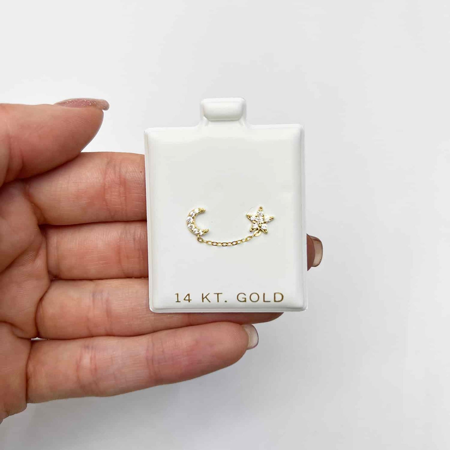 14K Gold CZ Half Moon & Star Double Pierced Stud Earrings