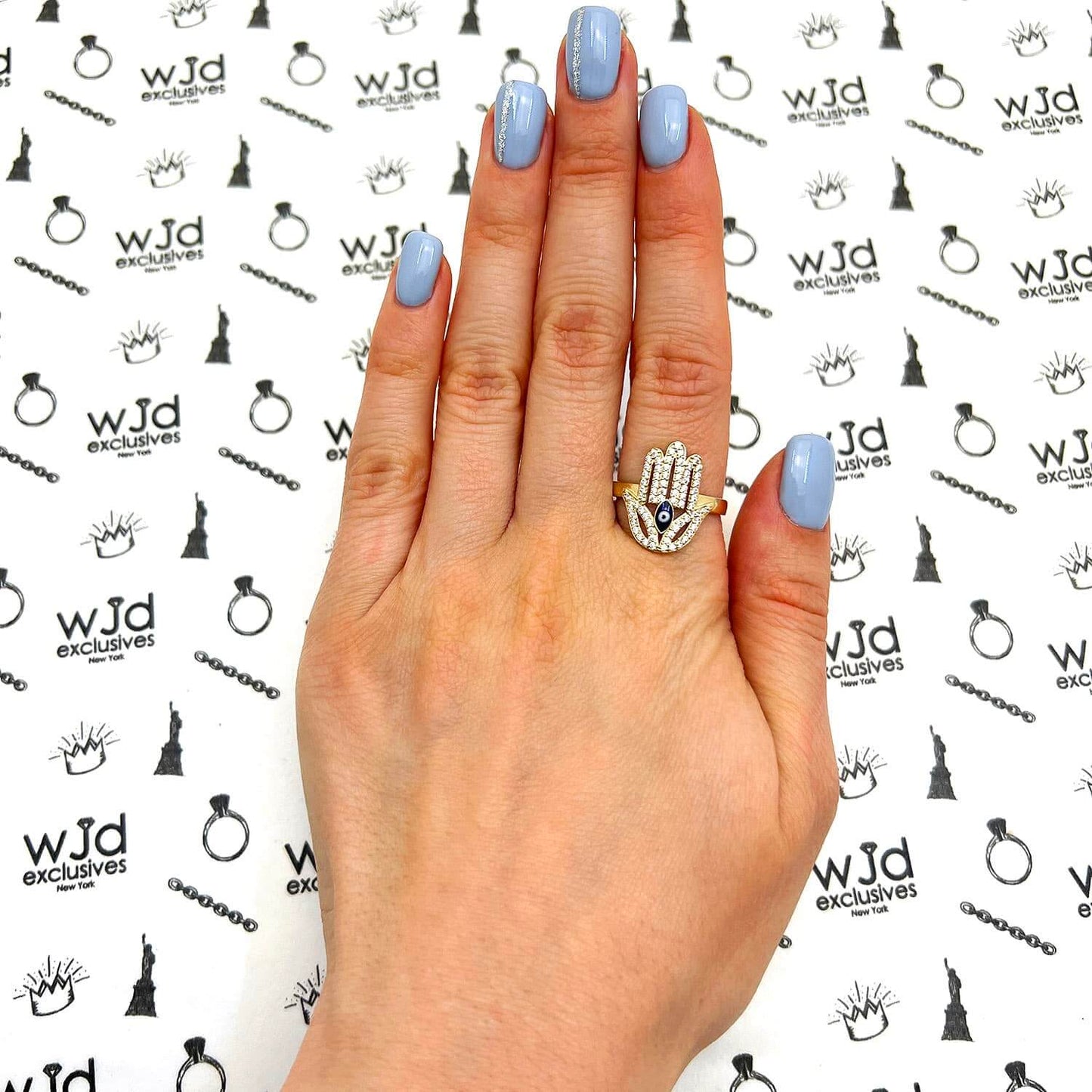 14K Gold Yellow CZ Evil Eye Hamsa Ring